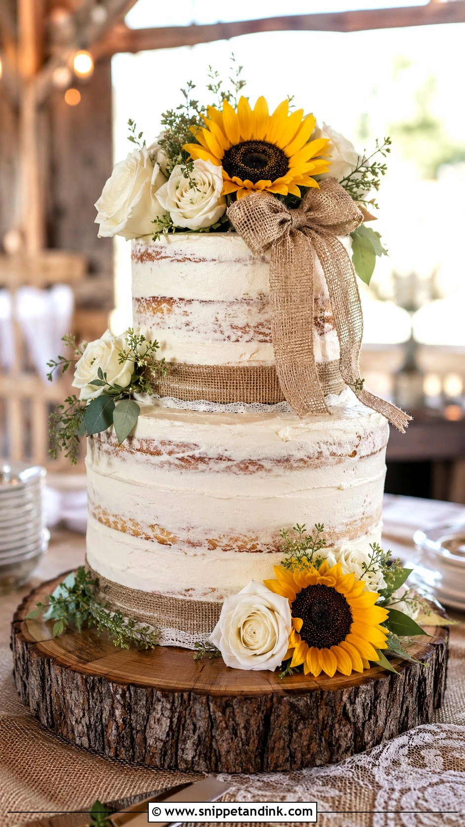 Rustic Sunflower And Rose Wedding Cake - Snippet and Ink - 20 Sunflower and Rose Wedding Cake Ideas