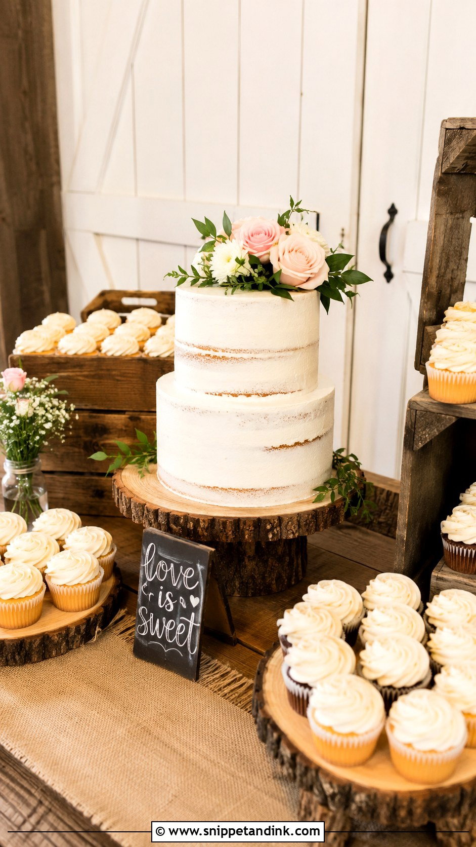 Rustic Wedding Cake Table With Cupcakes - Snippet and Ink - 20 Wedding Cake Table Ideas with Cupcakes