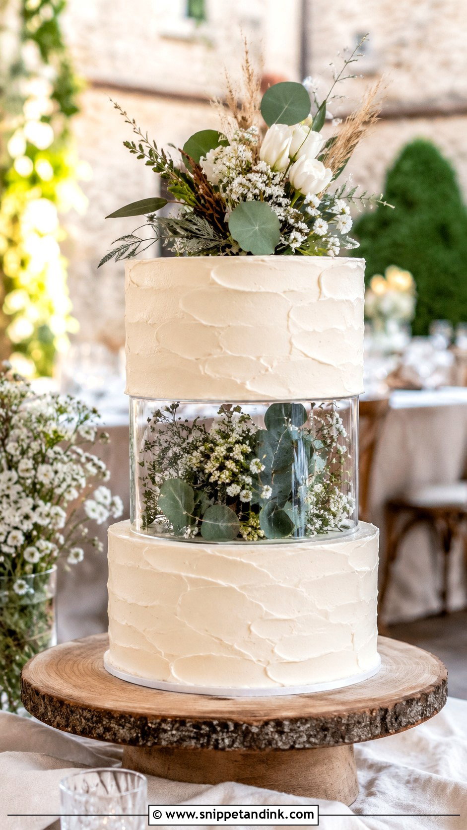 Rustic Wedding Cake With Acrylic Separator - Snippet and Ink - 20 Wedding Cake Acrylic Separator Ideas