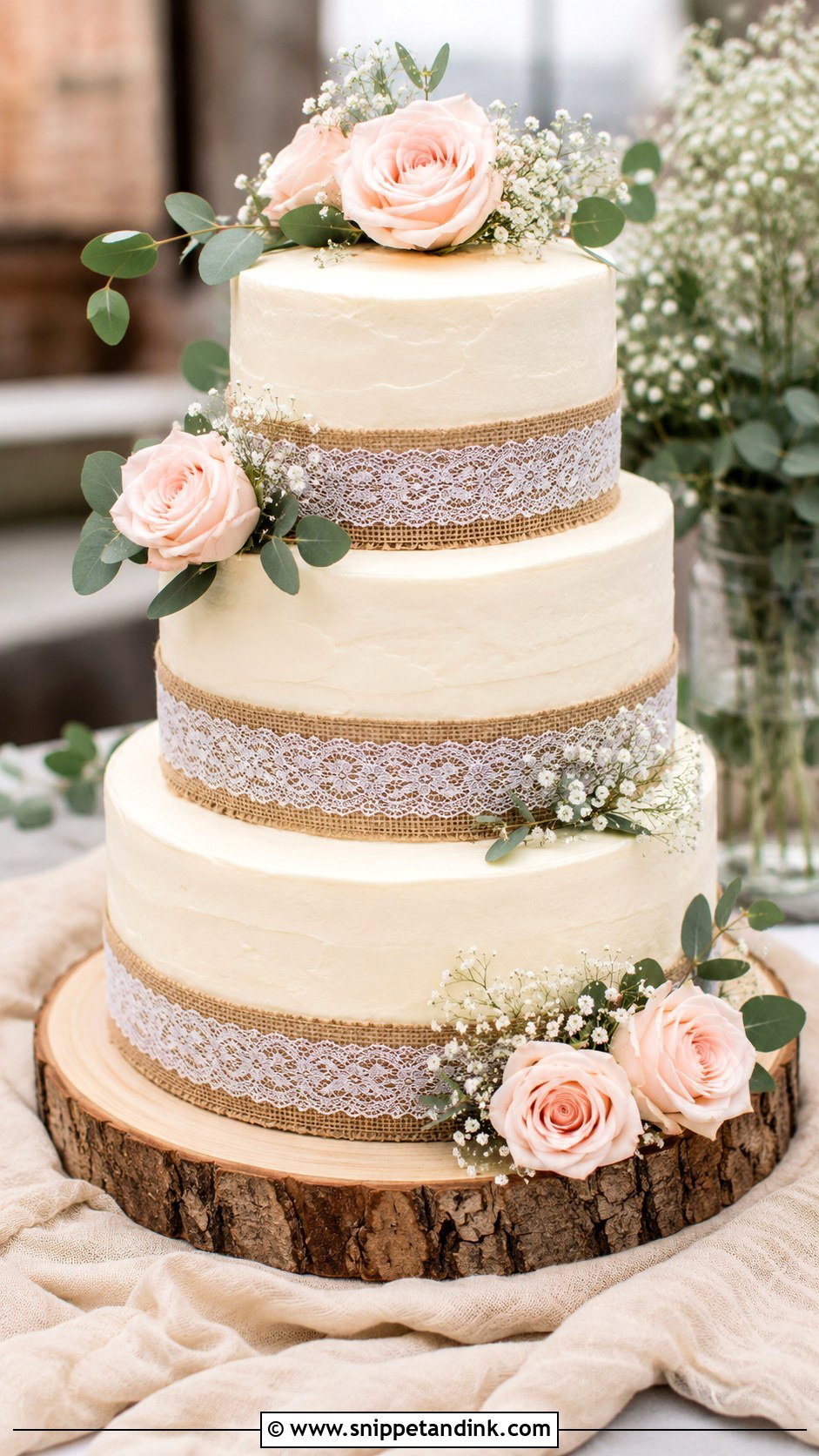Rustic Wedding Cake With Burlap And Lace - Snippet and Ink - 20 Rustic Wedding Cake Inspiration