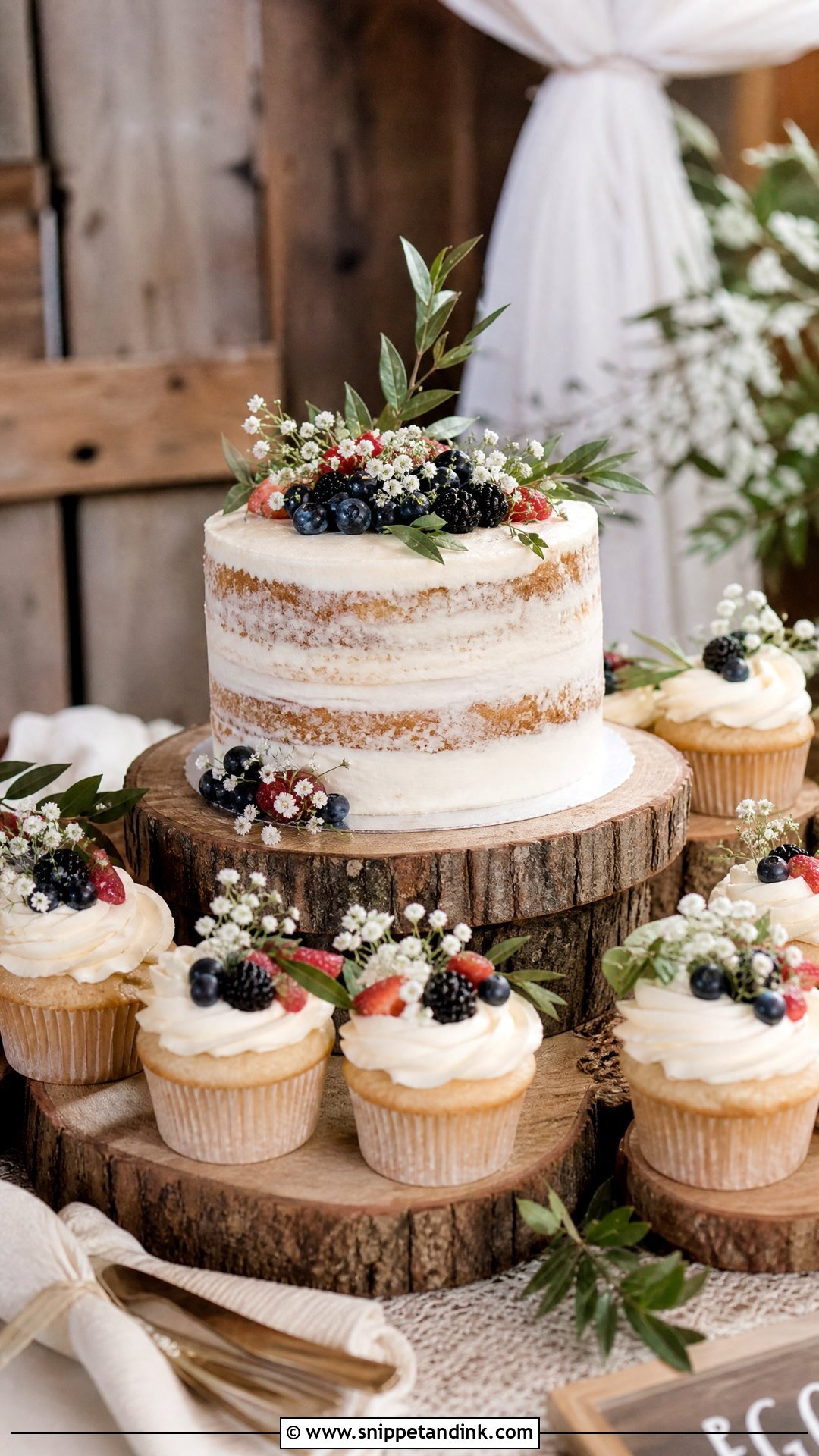 Rustic Wedding Cake With Cupcakes - Snippet and Ink - 20 Wedding Cakes with Cupcakes