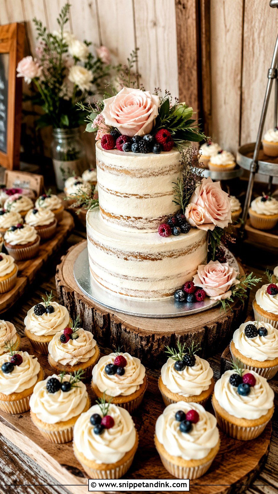 Rustic Wedding Cake With Cupcakes - Snippet and Ink - 20 Rustic Wedding Cake Inspiration