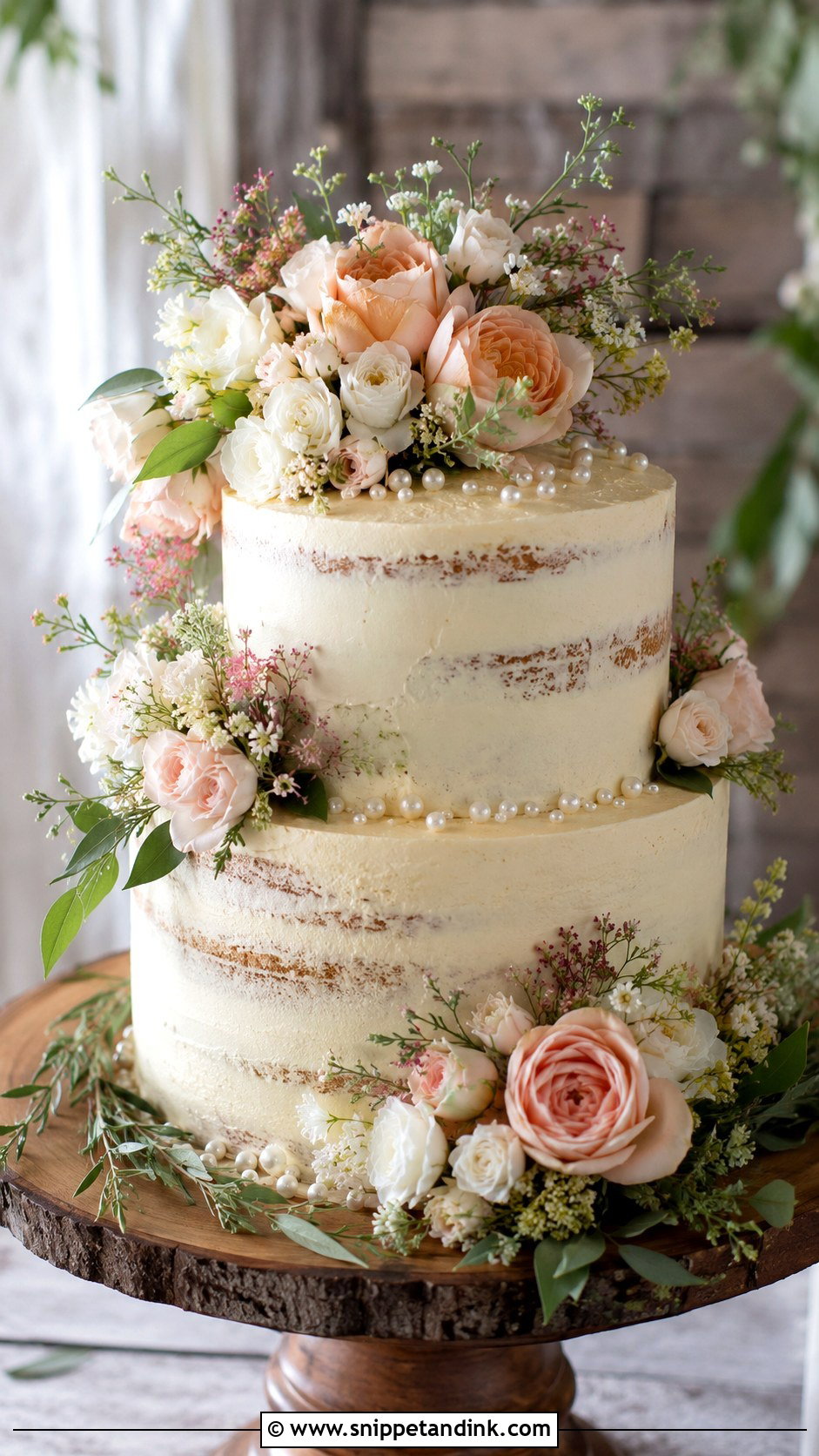 Rustic Wedding Cake With Flowers And Pearls - Snippet and Ink - 30 Wedding Cake Ideas with Flowers and Pearls