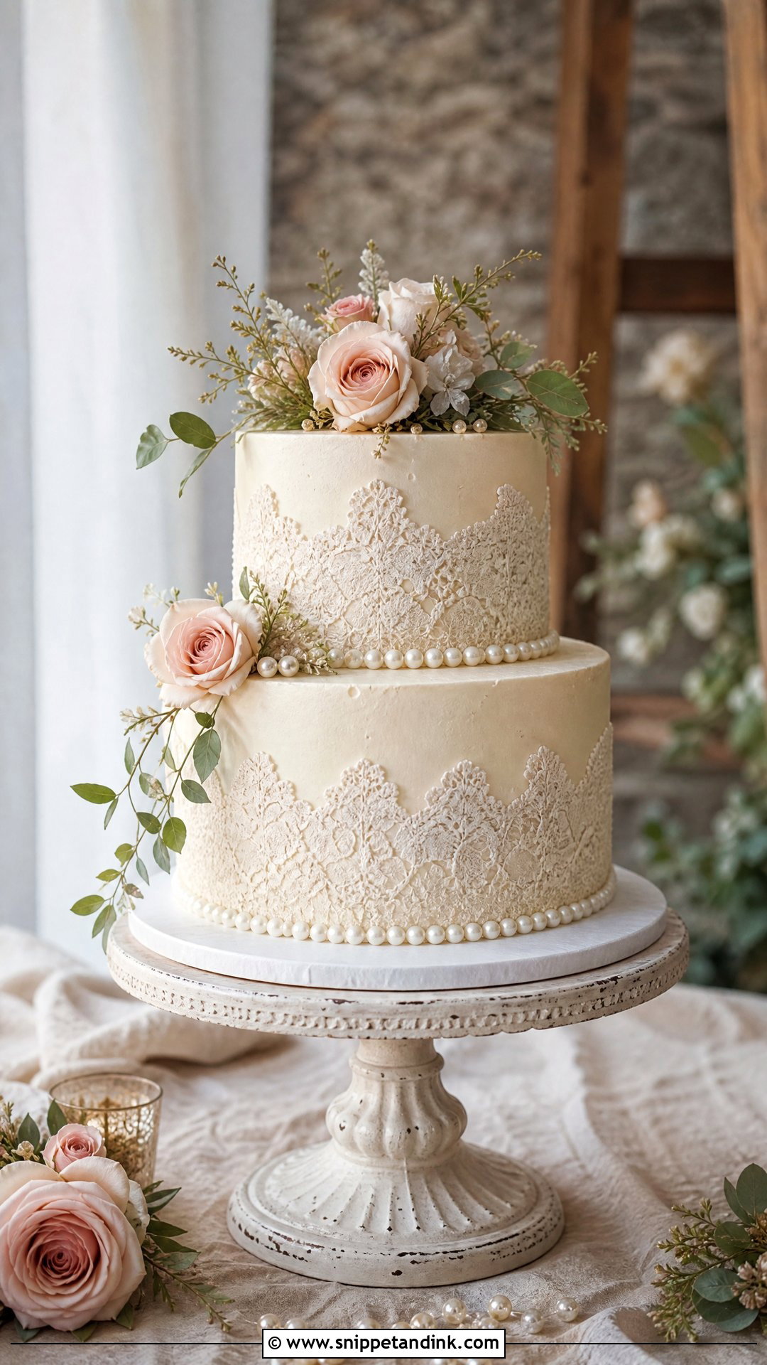 Rustic Wedding Cake With Lace - Snippet and Ink - 20 Rustic Wedding Cakes