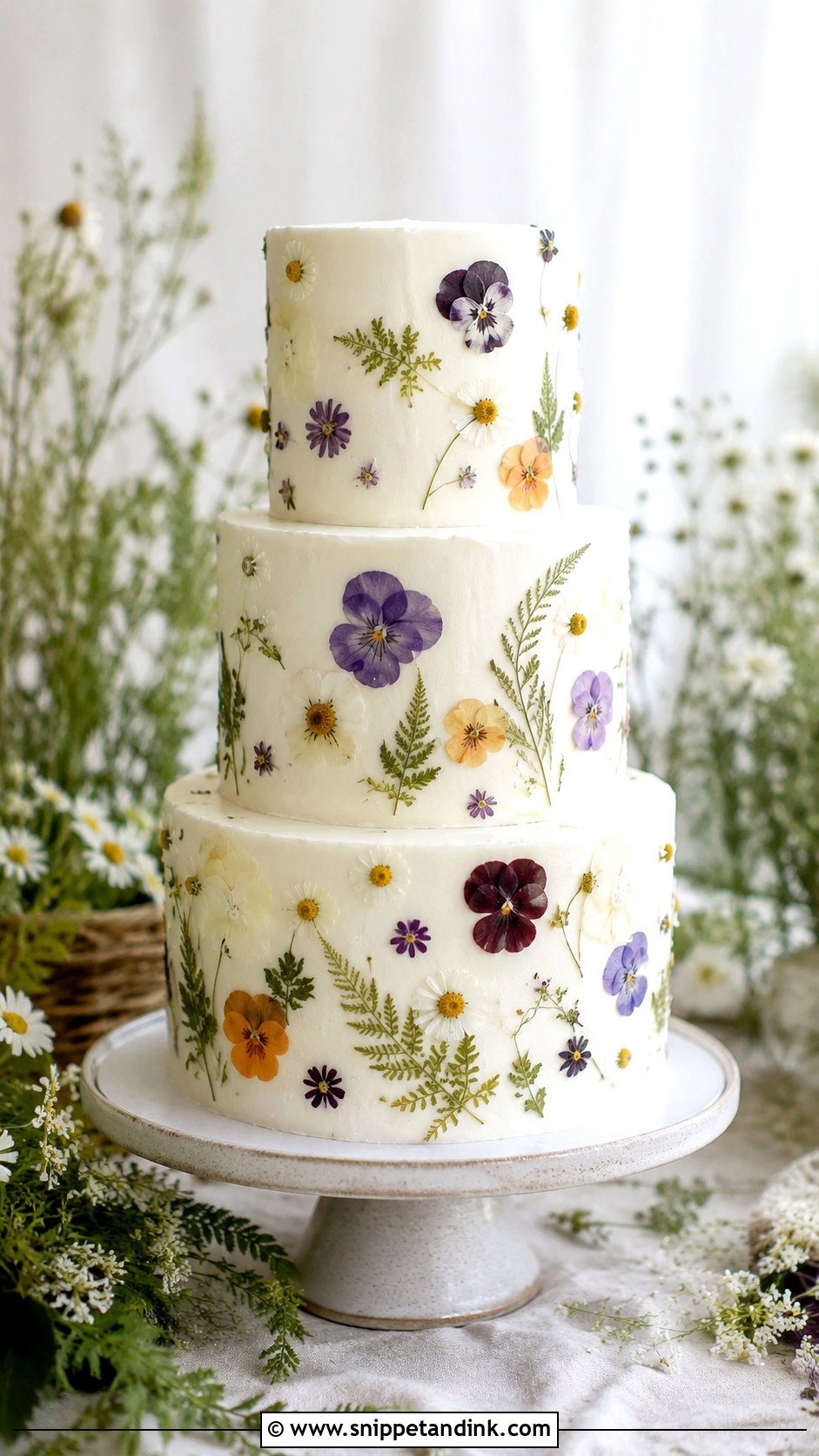 Rustic Wedding Cake With Pressed Flowers - Snippet and Ink - 20 Rustic Wedding Cake Inspiration