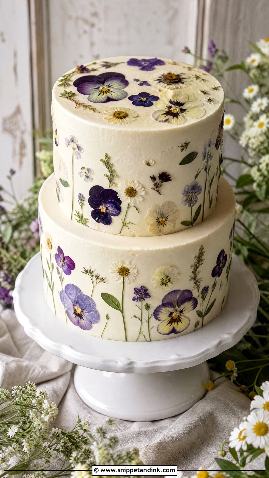 Rustic Wedding Cake With Pressed Flowers - Snippet and Ink - 20 Rustic Wedding Cake Ideas