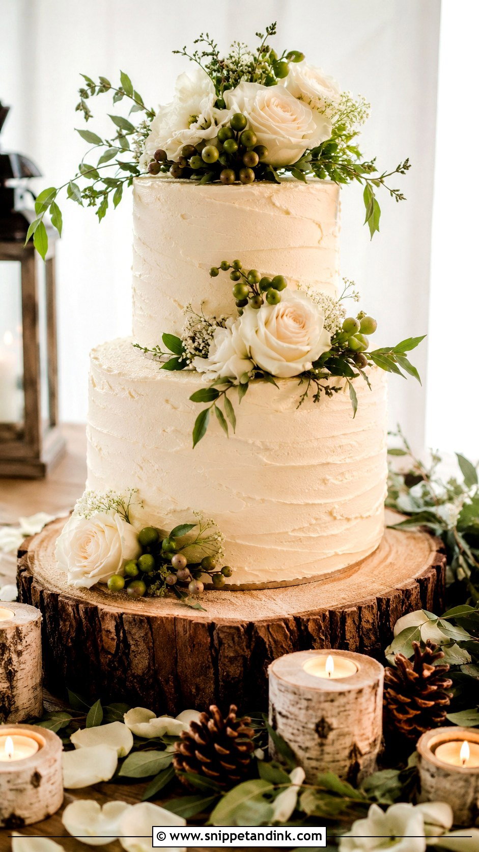 Rustic Wedding Cake With Wood Cake Stand - Snippet and Ink - 20 Rustic Wedding Cake Inspiration