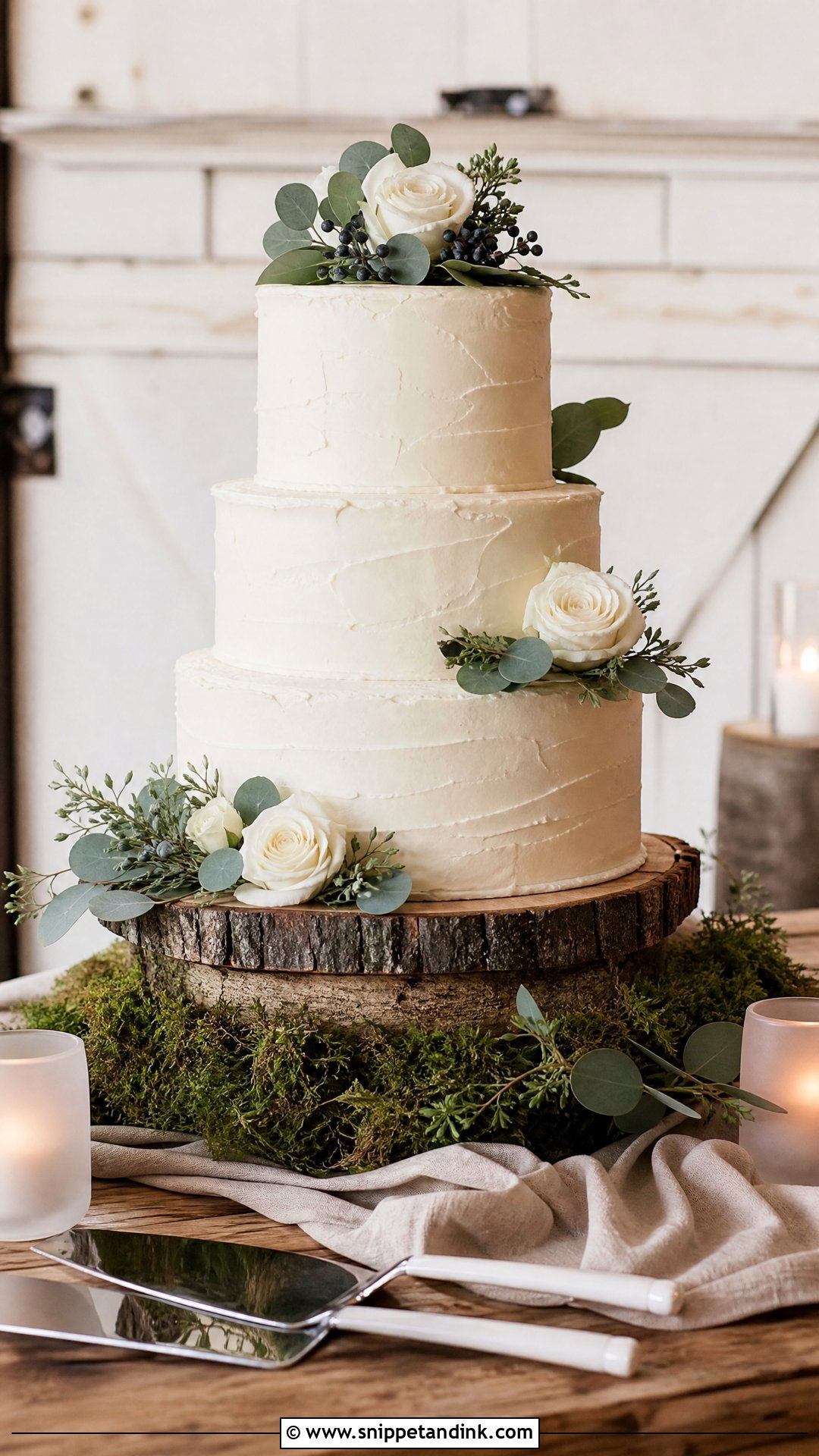 Rustic Wedding Cake With Wood Slice Stand - Snippet and Ink - 20 Rustic Wedding Cakes