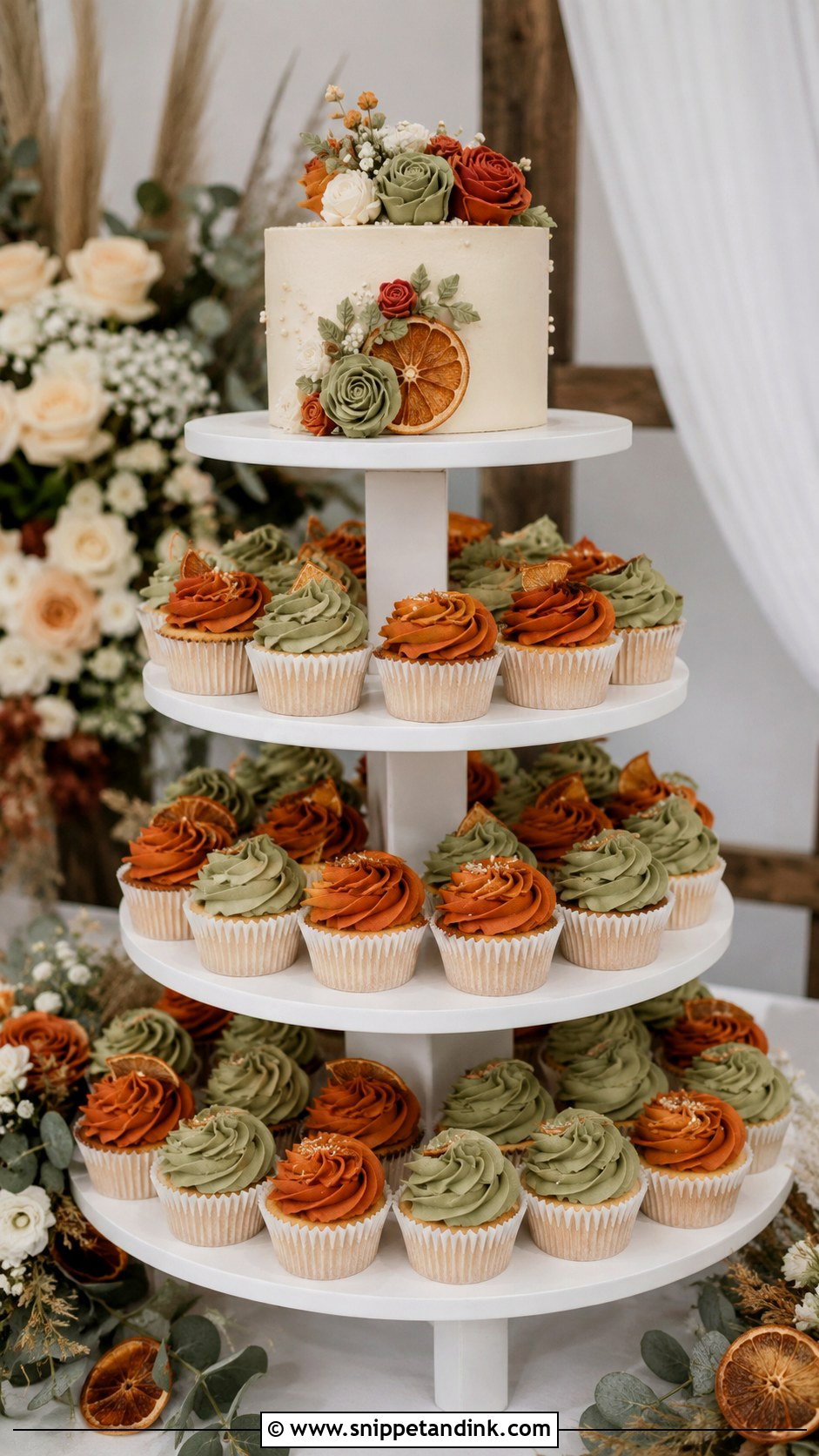 Sage Green And Burnt Orange Cupcake Wedding Cake - Snippet and Ink - 20 Sage Green and Burnt Orange Wedding Cake Ideas