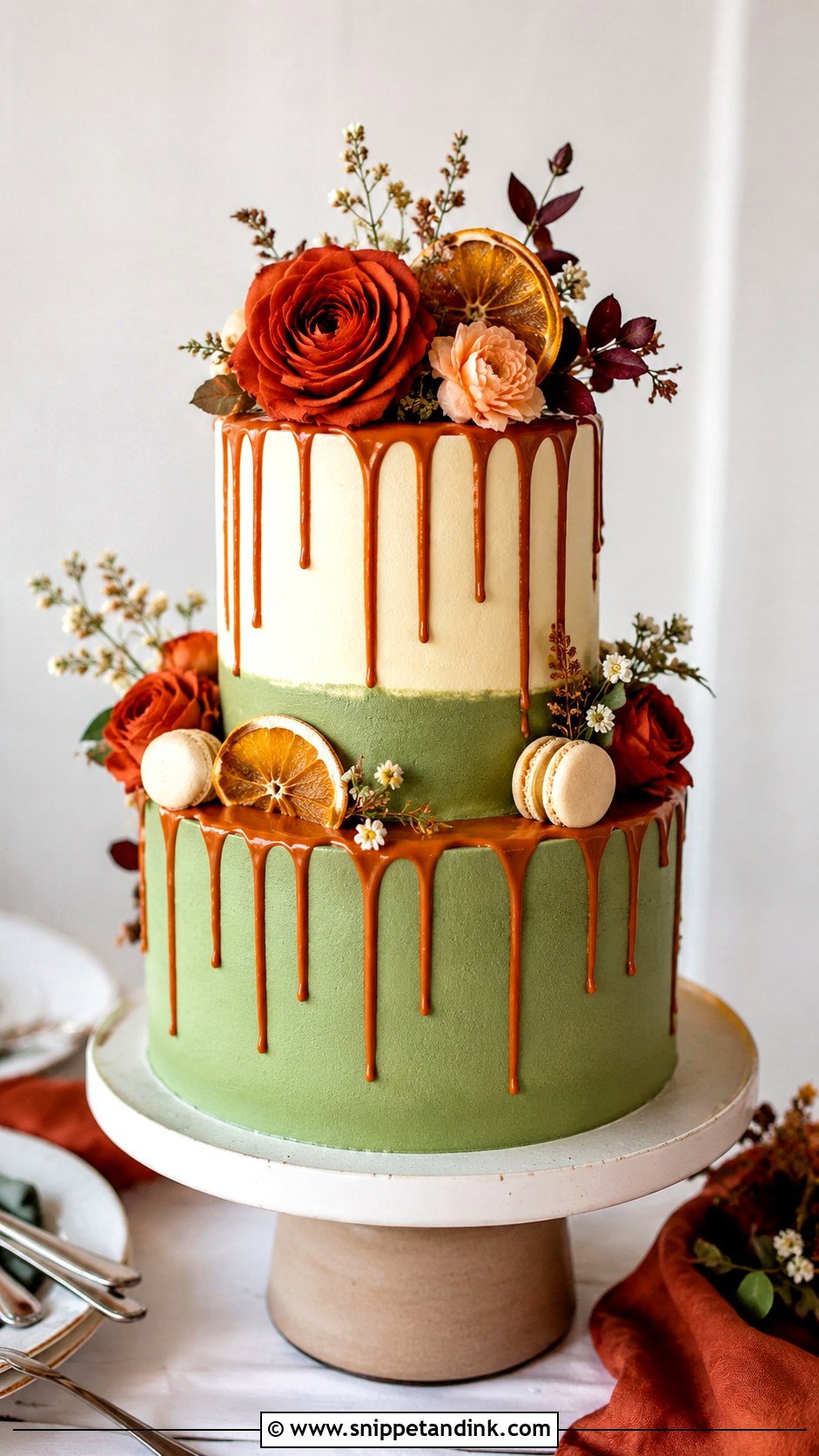 Sage Green And Burnt Orange Drip Wedding Cake - Snippet and Ink - 20 Sage Green and Burnt Orange Wedding Cake Ideas