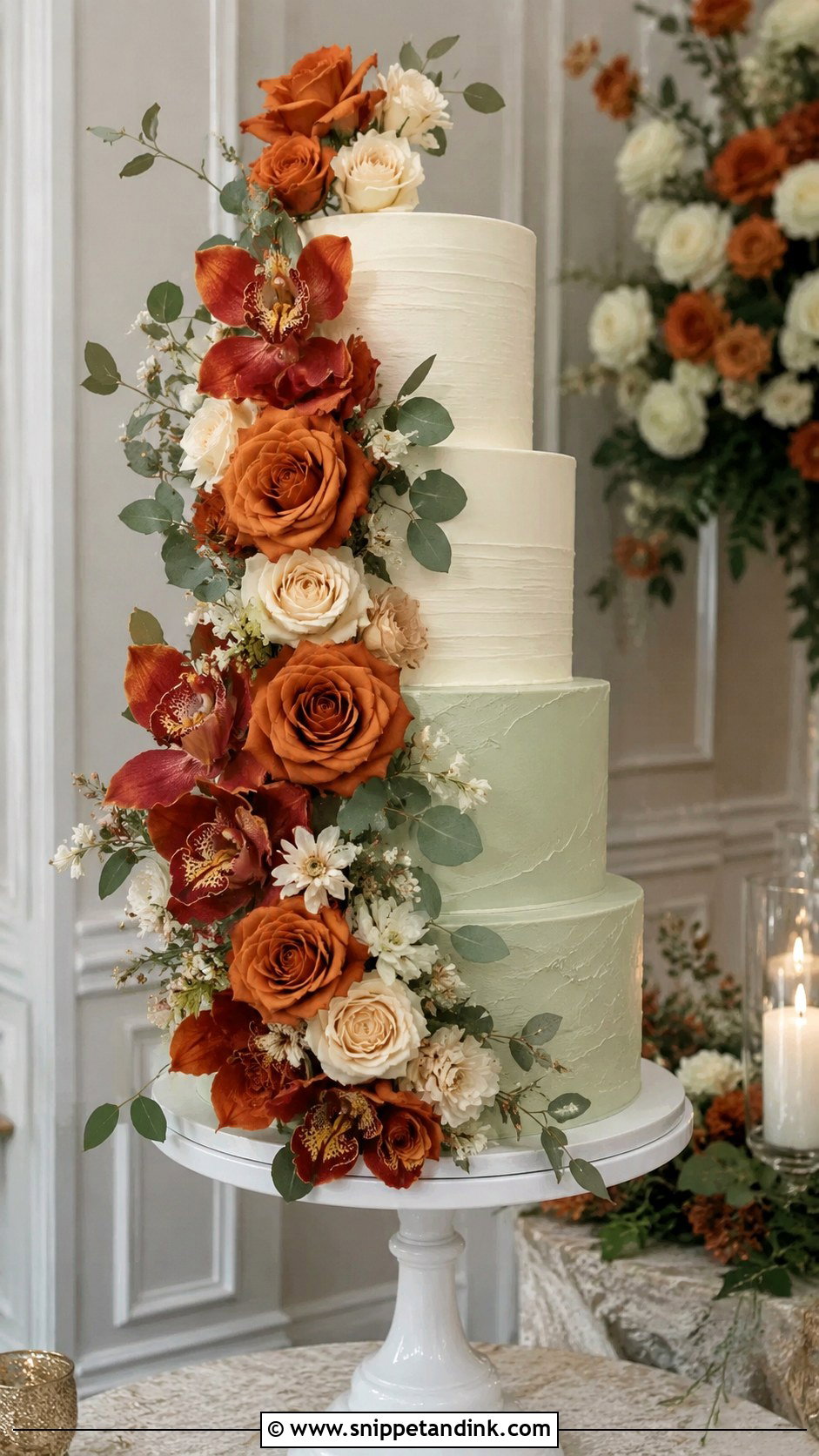 Sage Green And Burnt Orange Floral Cascade Wedding Cake - Snippet and Ink - 20 Sage Green and Burnt Orange Wedding Cake Ideas