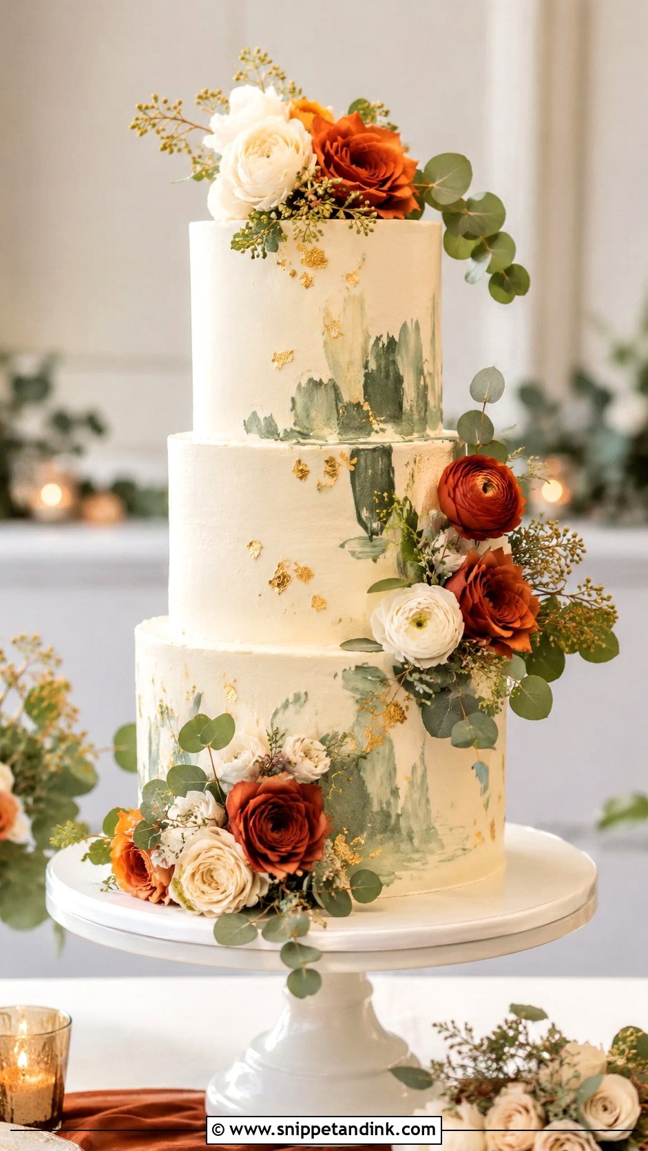 Sage Green And Burnt Orange Floral Wedding Cake - Snippet and Ink - 20 Sage Green and Burnt Orange Wedding Cake Ideas