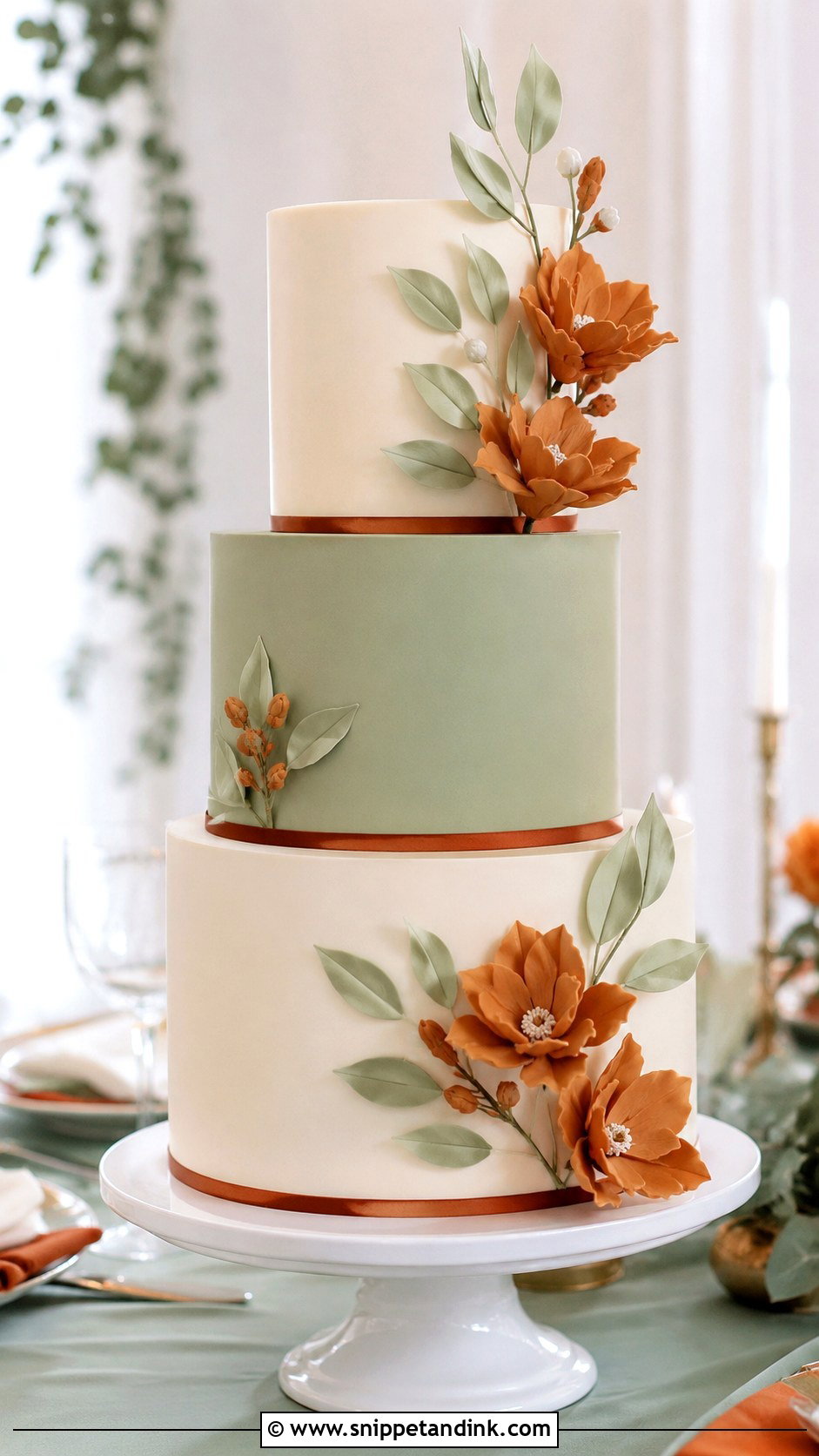 Sage Green And Burnt Orange Fondant Wedding Cake - Snippet and Ink - 20 Sage Green and Burnt Orange Wedding Cake Ideas