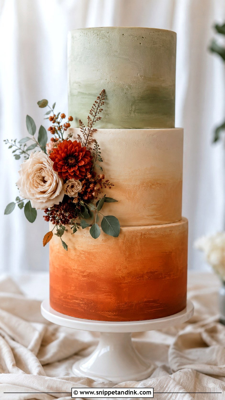 Sage Green And Burnt Orange Ombre Wedding Cake - Snippet and Ink - 20 Sage Green and Burnt Orange Wedding Cake Ideas