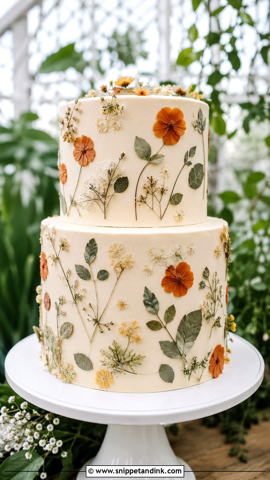 Sage Green And Burnt Orange Pressed Flower Wedding Cake - Snippet and Ink - 20 Sage Green and Burnt Orange Wedding Cake Ideas