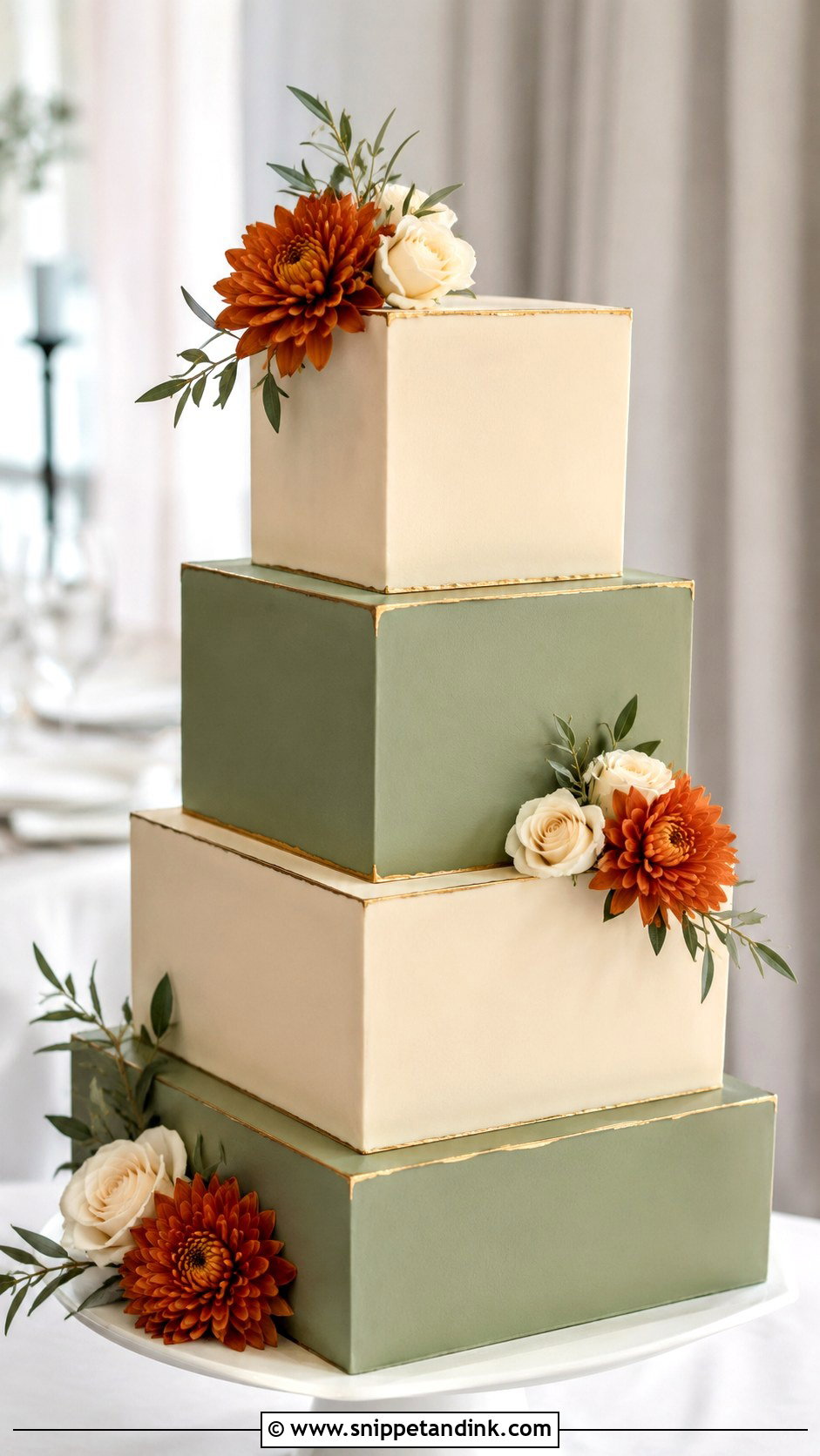 Sage Green And Burnt Orange Square Wedding Cake - Snippet and Ink - 20 Sage Green and Burnt Orange Wedding Cake Ideas