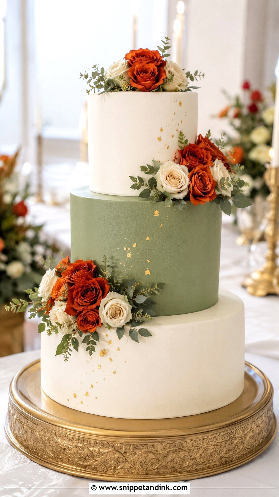 Sage Green And Burnt Orange Three Tier Wedding Cake - Snippet and Ink - 20 Sage Green and Burnt Orange Wedding Cake Ideas