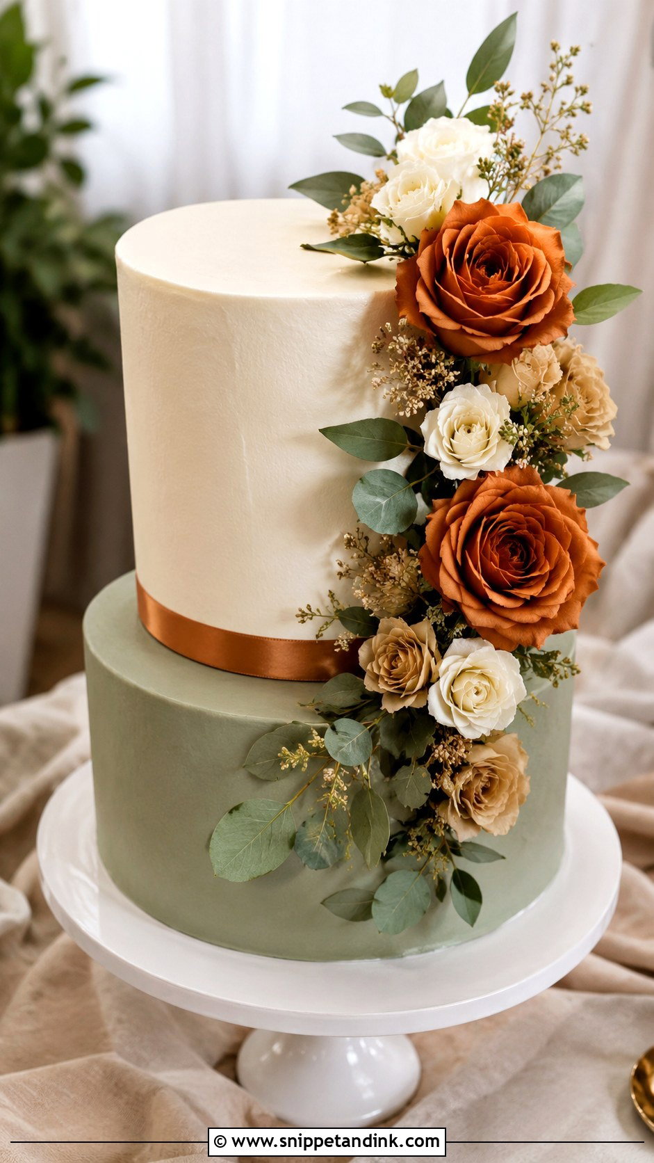 Sage Green And Burnt Orange Two Tier Wedding Cake - Snippet and Ink - 20 Sage Green and Burnt Orange Wedding Cake Ideas