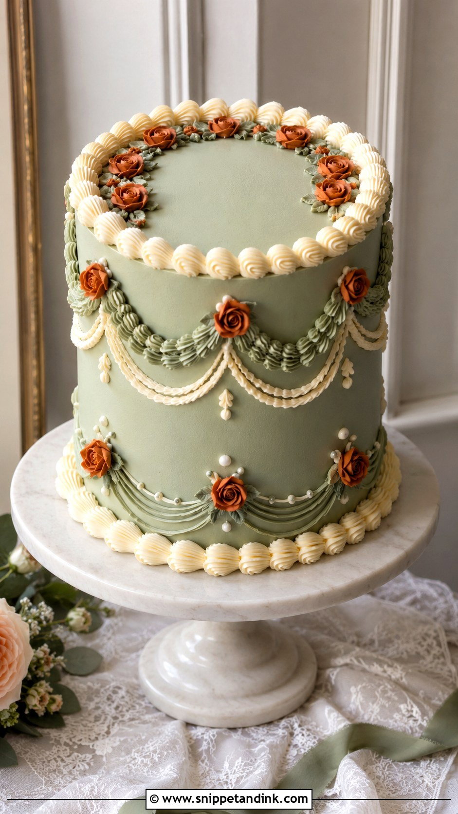 Sage Green And Burnt Orange Vintage Wedding Cake - Snippet and Ink - 20 Sage Green and Burnt Orange Wedding Cake Ideas