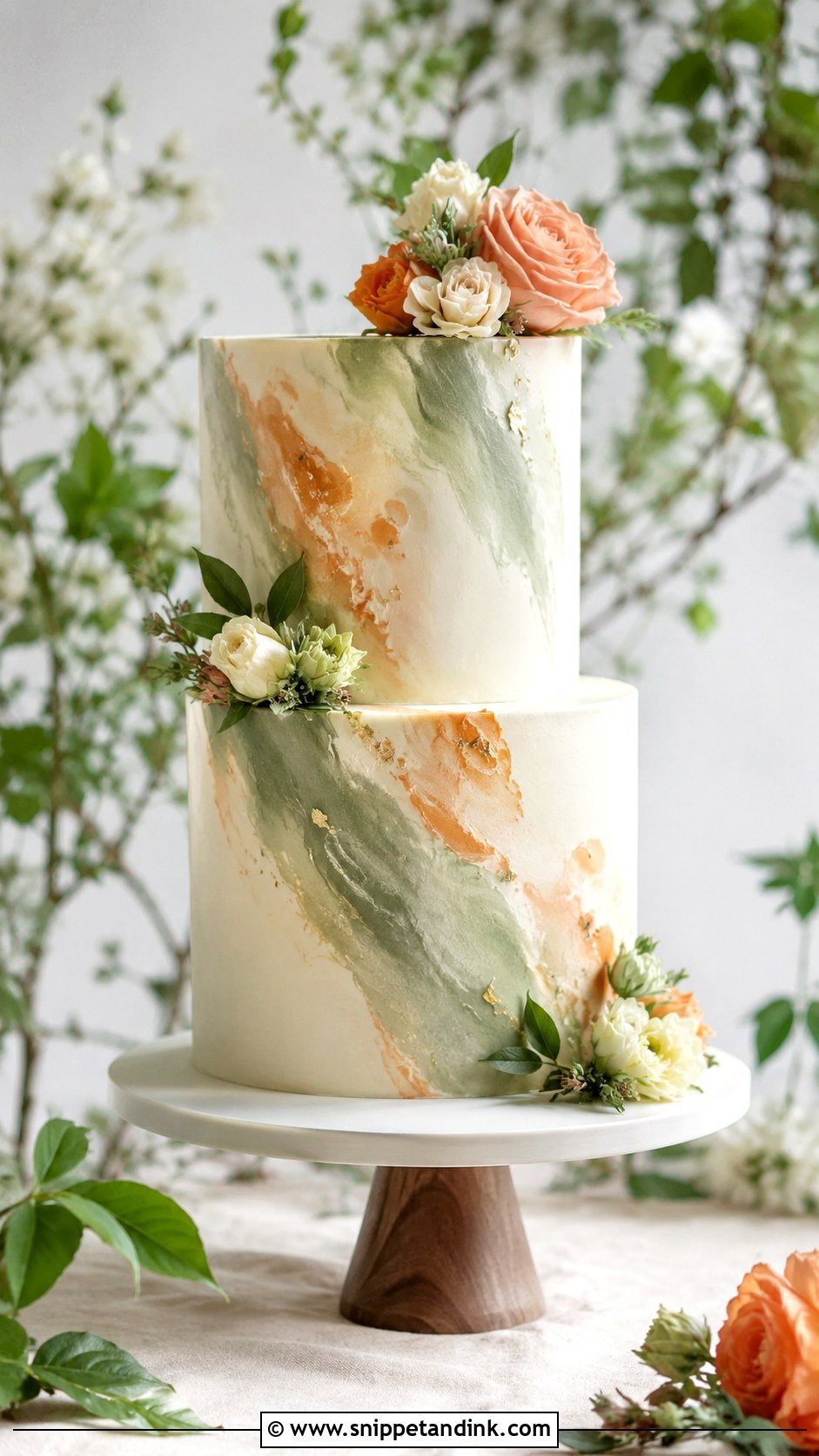 Sage Green And Burnt Orange Watercolor Wedding Cake - Snippet and Ink - 20 Sage Green and Burnt Orange Wedding Cake Ideas
