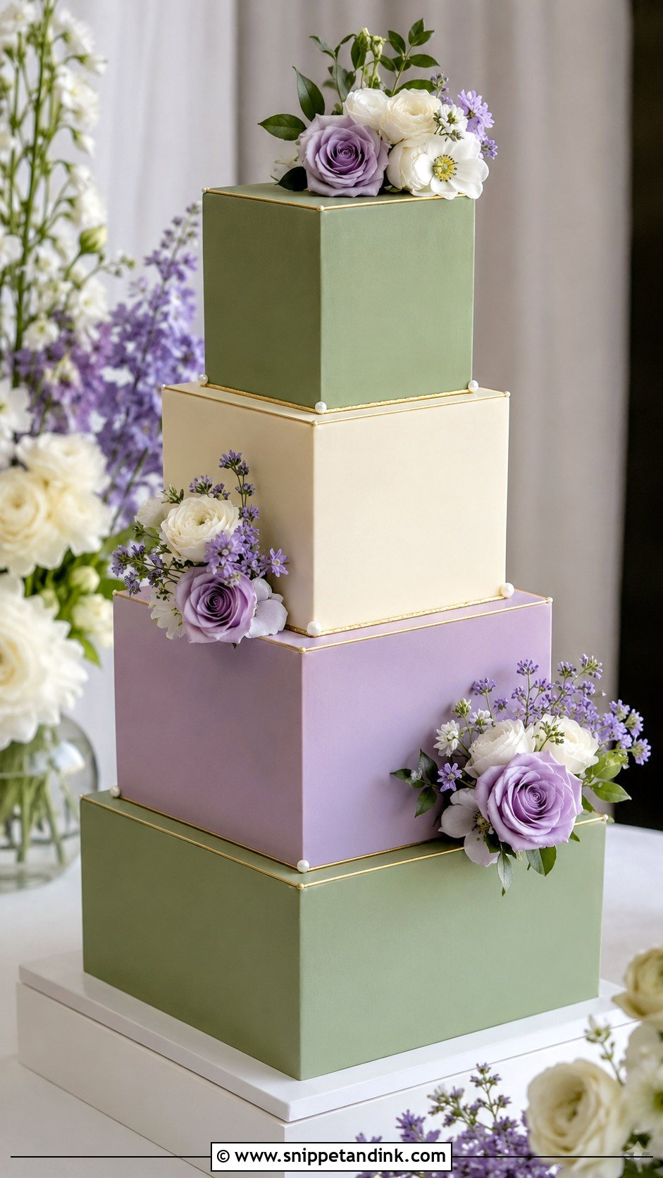 Sage Green And Lavender Cascade Wedding Cake - Snippet and Ink - 25 Sage Green and Lavender Wedding Cake Ideas