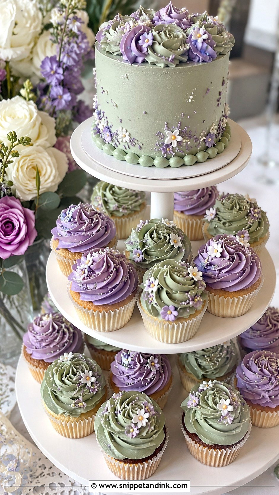 Sage Green And Lavender Cupcake Wedding Cake - Snippet and Ink - 25 Sage Green and Lavender Wedding Cake Ideas