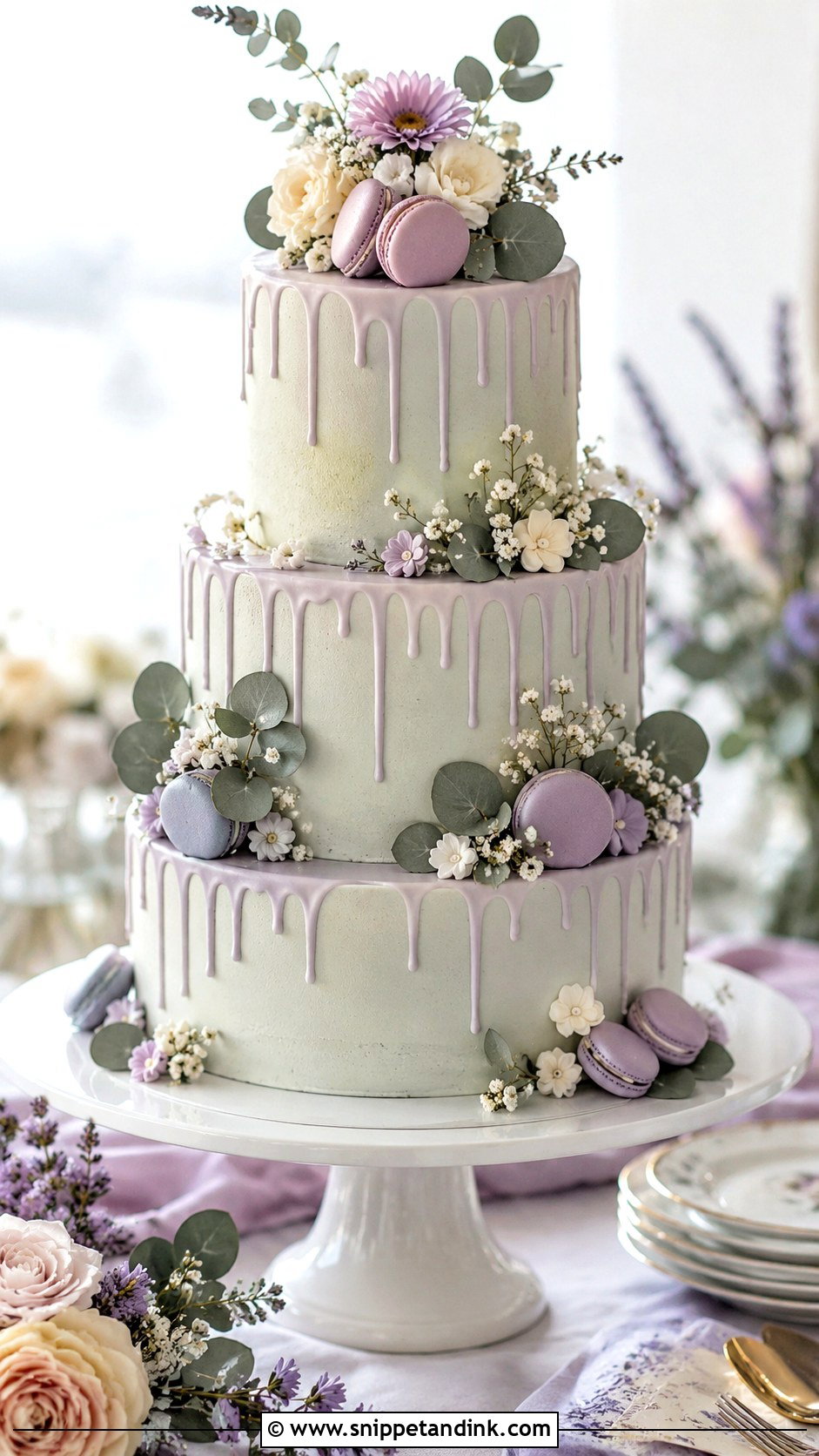 Sage Green And Lavender Drip Wedding Cake - Snippet and Ink - 25 Sage Green and Lavender Wedding Cake Ideas