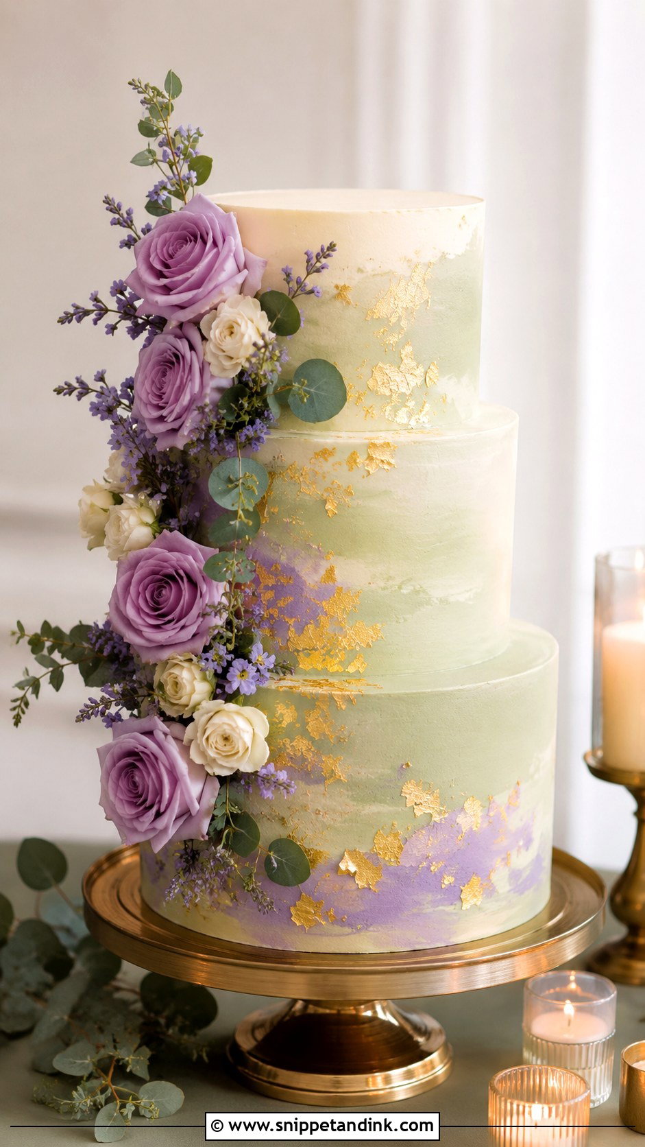 Sage Green And Lavender Gold Leaf Wedding Cake - Snippet and Ink - 25 Sage Green and Lavender Wedding Cake Ideas