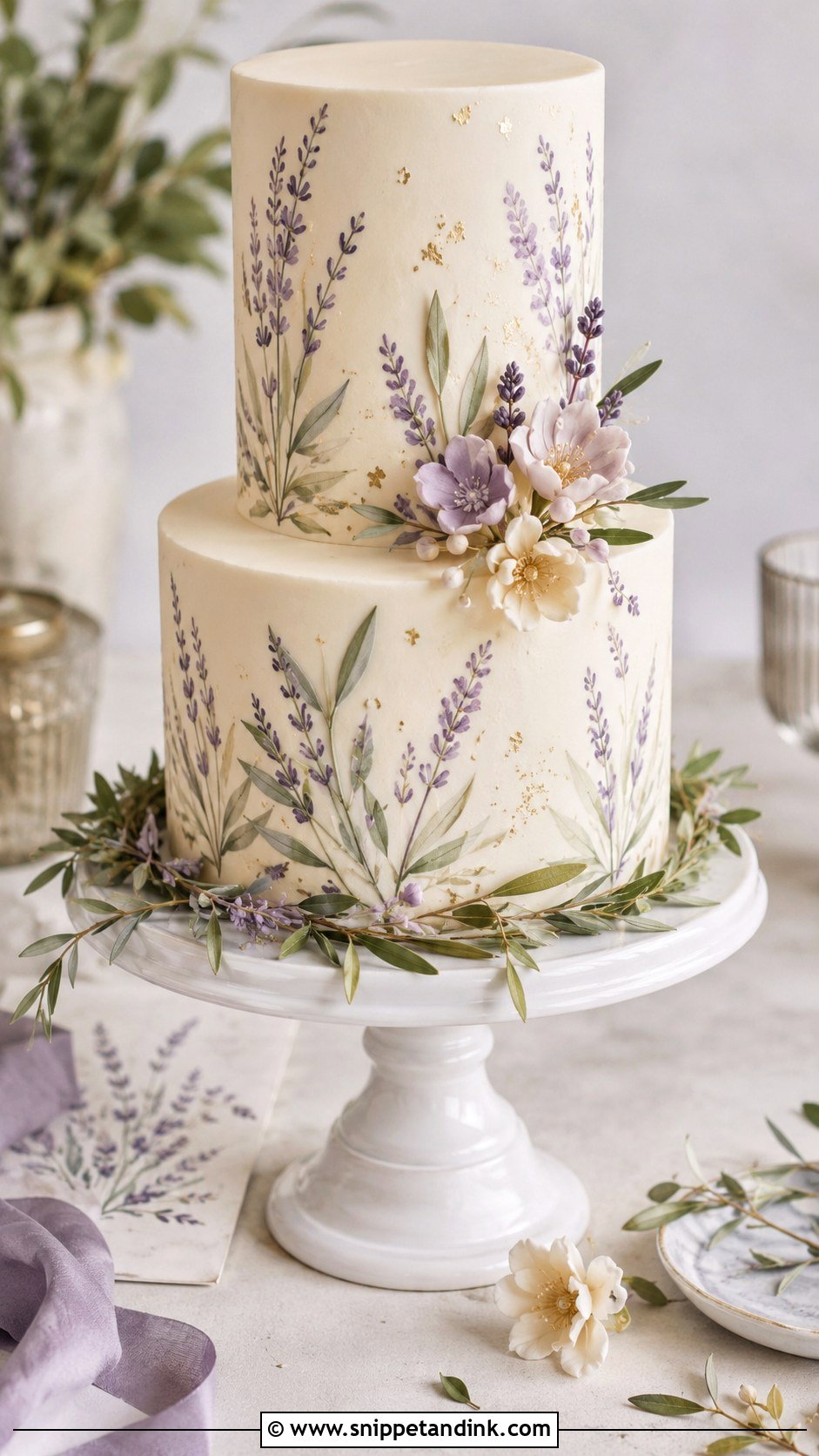 Sage Green And Lavender Hand Painted Wedding Cake - Snippet and Ink - 25 Sage Green and Lavender Wedding Cake Ideas
