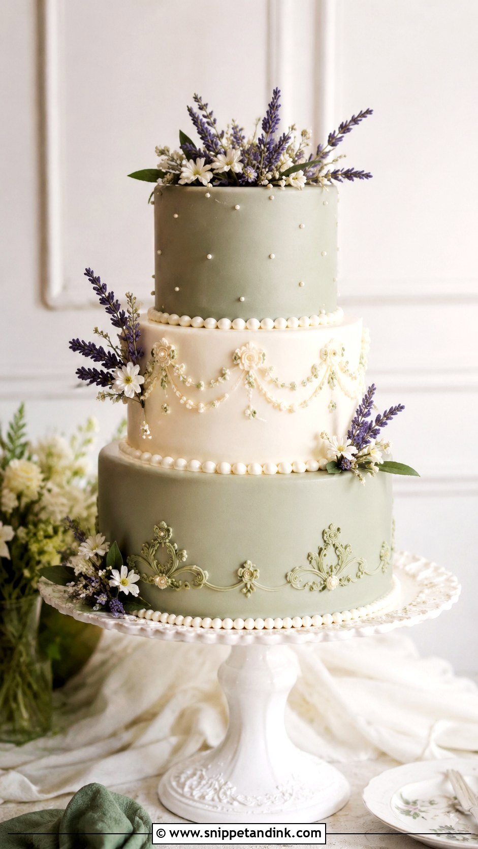 Sage Green And Lavender Pearl Wedding Cake - Snippet and Ink - 25 Sage Green and Lavender Wedding Cake Ideas