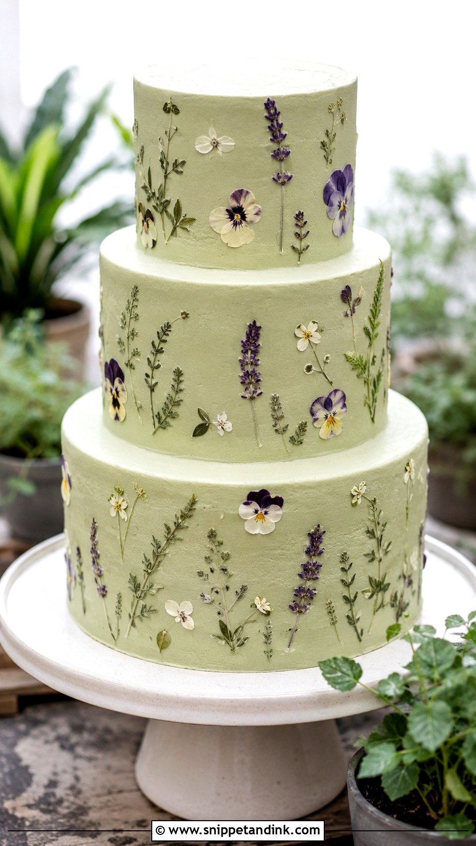 Sage Green And Lavender Pressed Flower Wedding Cake - Snippet and Ink - 25 Sage Green and Lavender Wedding Cake Ideas