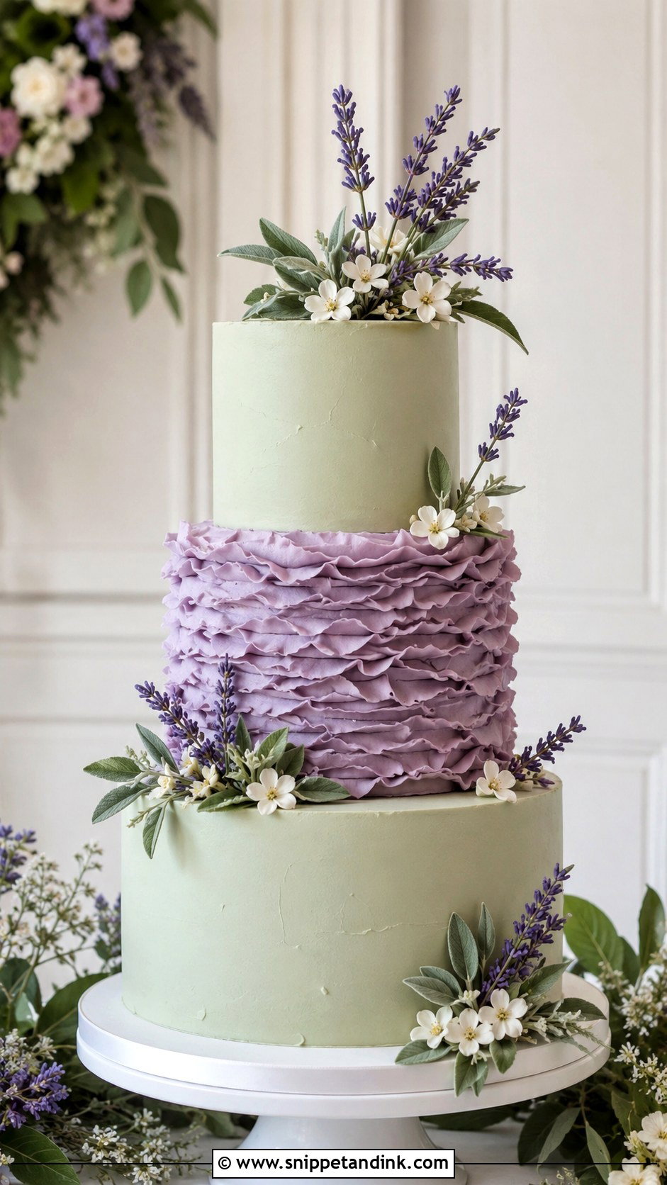 Sage Green And Lavender Three Tier Wedding Cake - Snippet and Ink - 25 Sage Green and Lavender Wedding Cake Ideas
