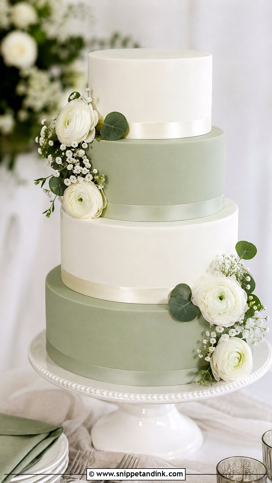 Sage Green And White Wedding Cake - Snippet and Ink - 20 Sage Green Themed Wedding Cake Ideas