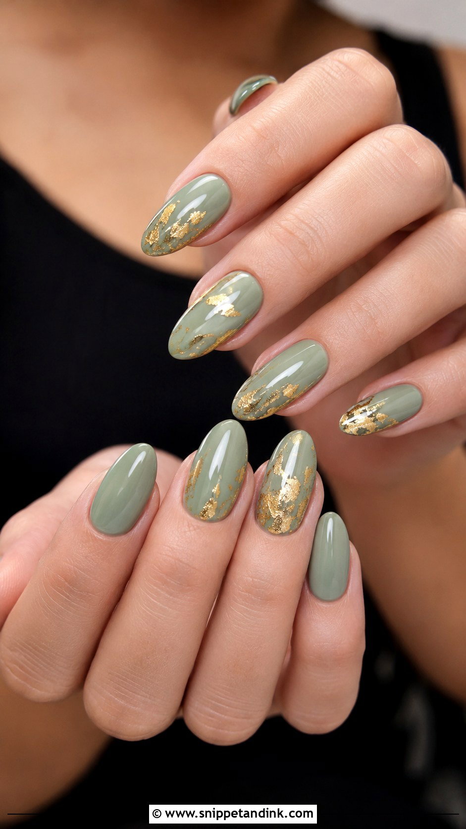 Sage Green Nails With Gold Foil - Snippet and Ink - 30 Wedding Guest Nails Ideas