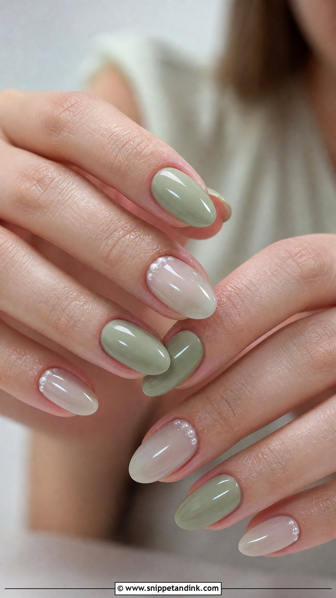 Sage Green Nails With Pearl Wedding Accents - Snippet and Ink - 25 Sage Green Wedding Nails