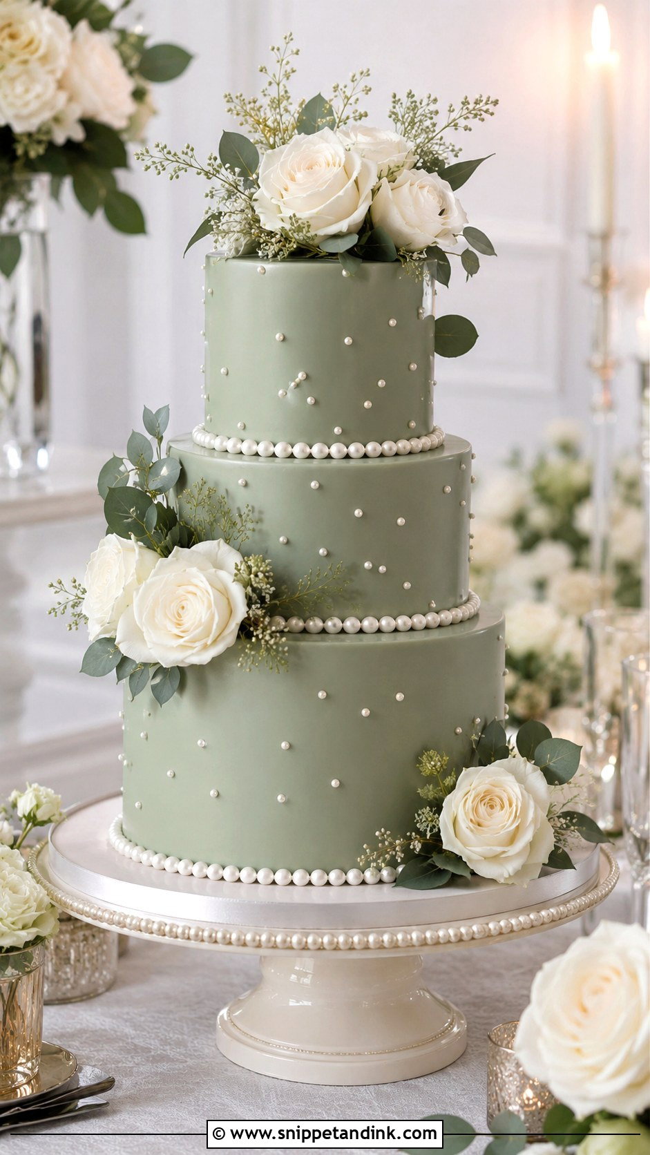 Sage Green Pearl Wedding Cake - Snippet and Ink - 20 Sage Green Themed Wedding Cake Ideas