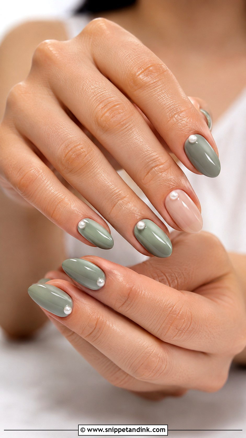 Sage Green Pearl Wedding Nails - Snippet and Ink - 20 Sage Wedding Nails