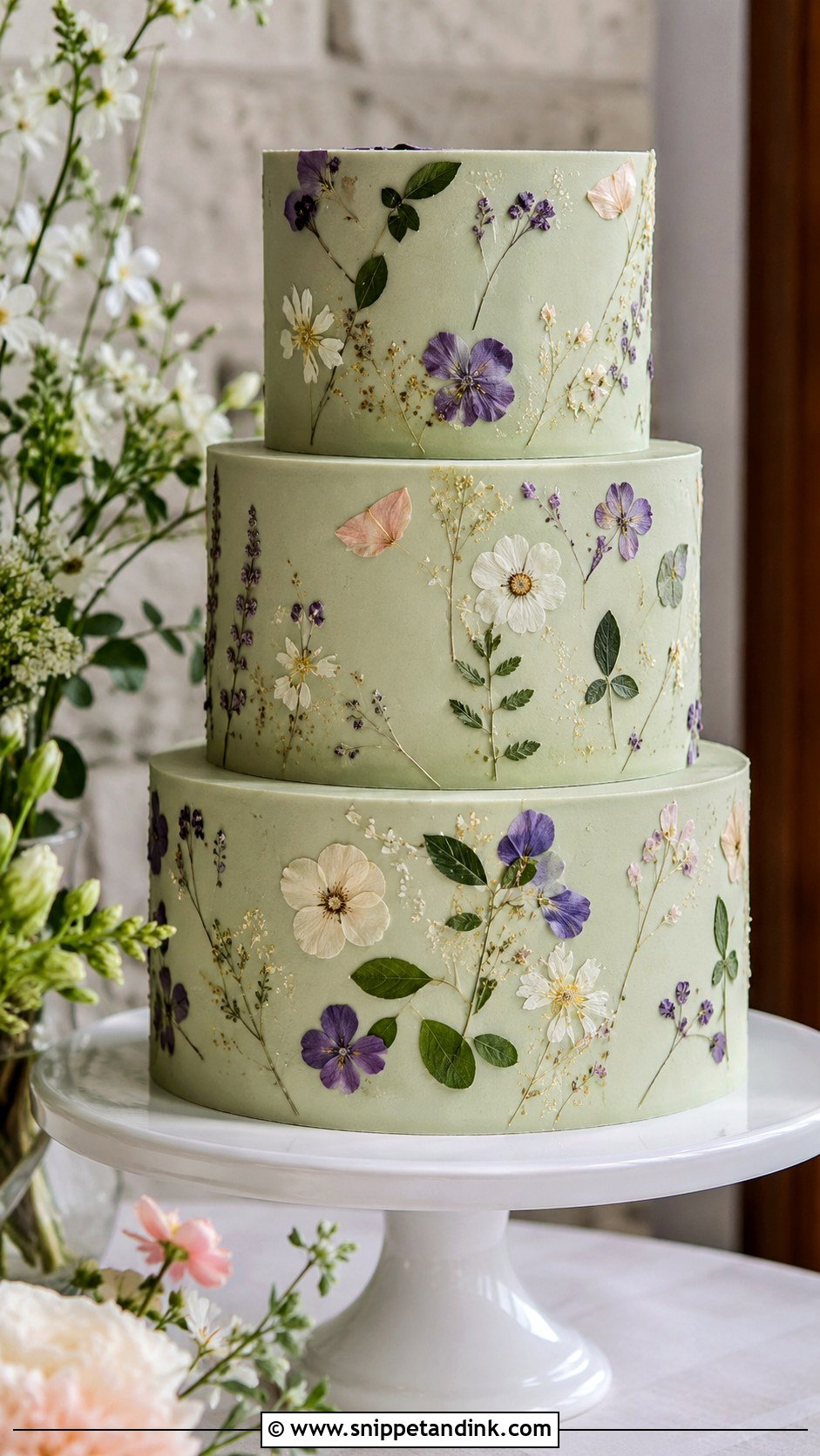 Sage Green Pressed Flower Wedding Cake - Snippet and Ink - 20 Sage Green Themed Wedding Cake Ideas