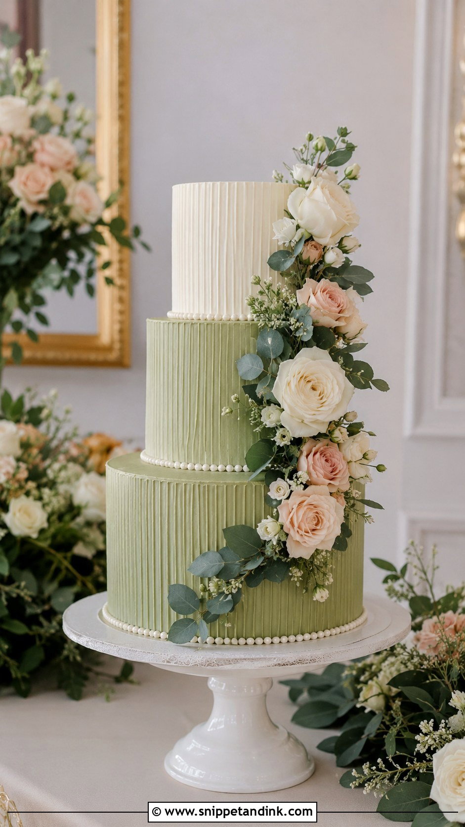Sage Green Three Tier Wedding Cake - Snippet and Ink - 20 Sage Green Themed Wedding Cake Ideas