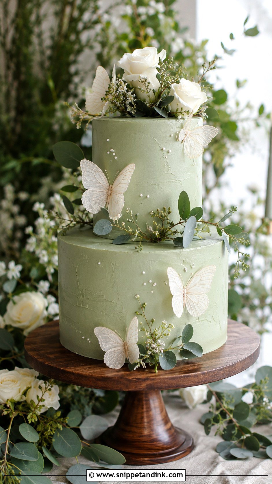 Sage Green Two Tier Butterfly Wedding Cake - Snippet and Ink - 20 Two Tier Butterfly Cake Ideas for Wedding