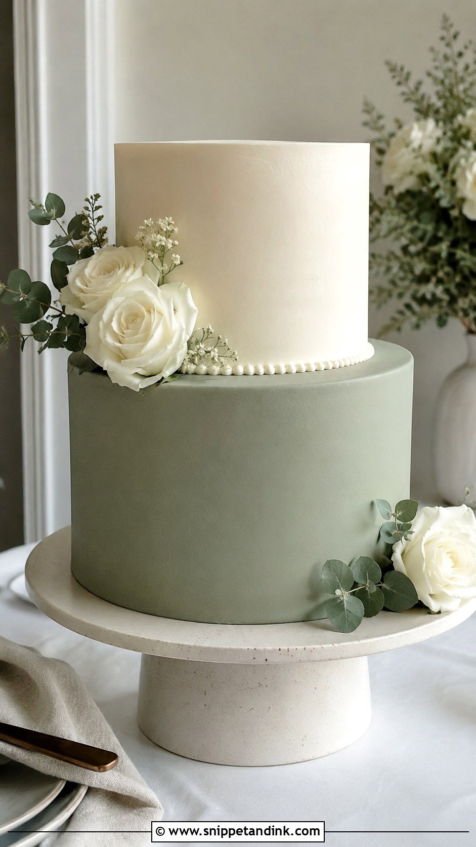 Sage Green Two Tier Wedding Cake - Snippet and Ink - 20 Sage Green Themed Wedding Cake Ideas