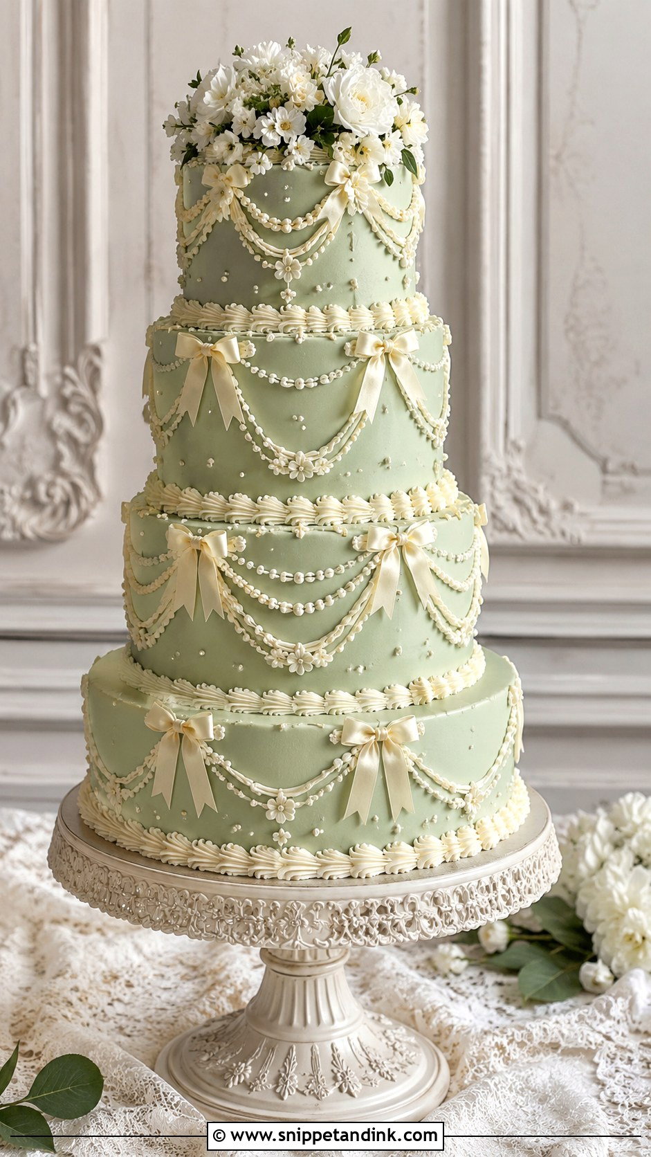 Sage Green Vintage Wedding Cake - Snippet and Ink - 20 Sage Green Themed Wedding Cake Ideas