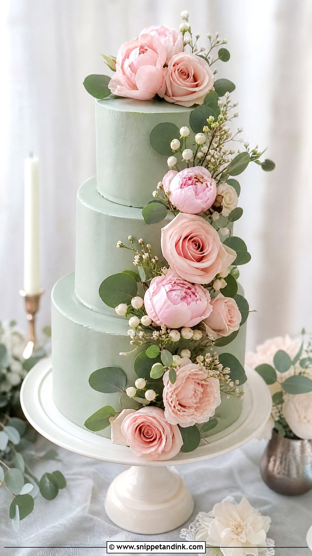 Sage Green Wedding Cake With Blush Flowers - Snippet and Ink - 20 Sage Green Wedding Cake Ideas