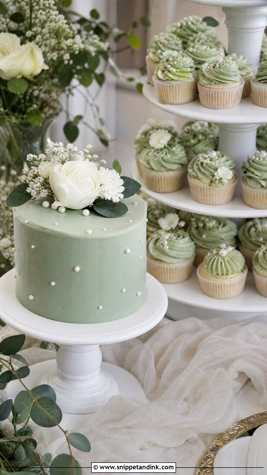 Sage Green Wedding Cake With Cupcake Display - Snippet and Ink - 20 Sage Green Wedding Cake Ideas