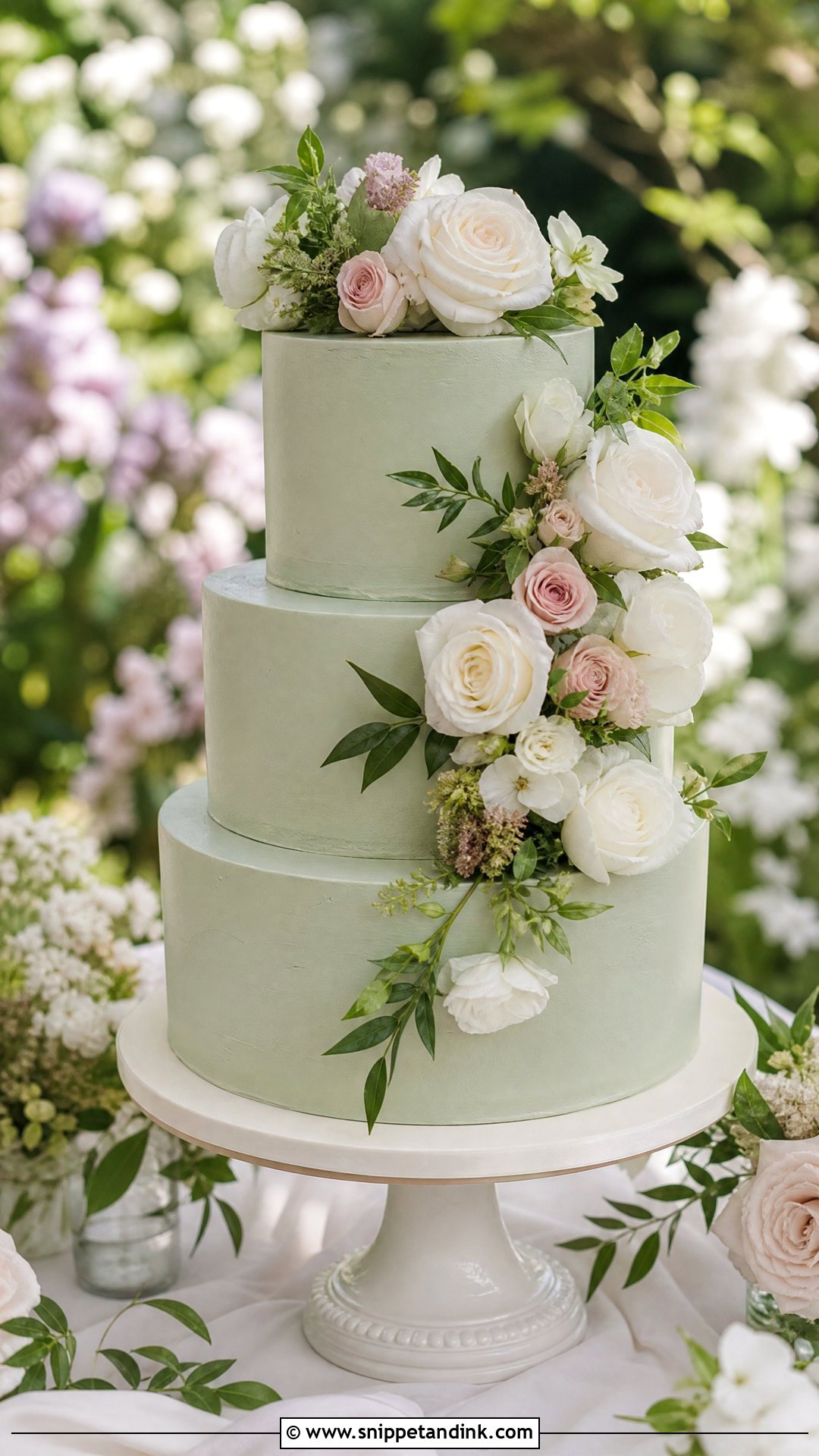 Sage Green Wedding Cake With Floral Cascade - Snippet and Ink - 20 Sage Green Wedding Cake Ideas