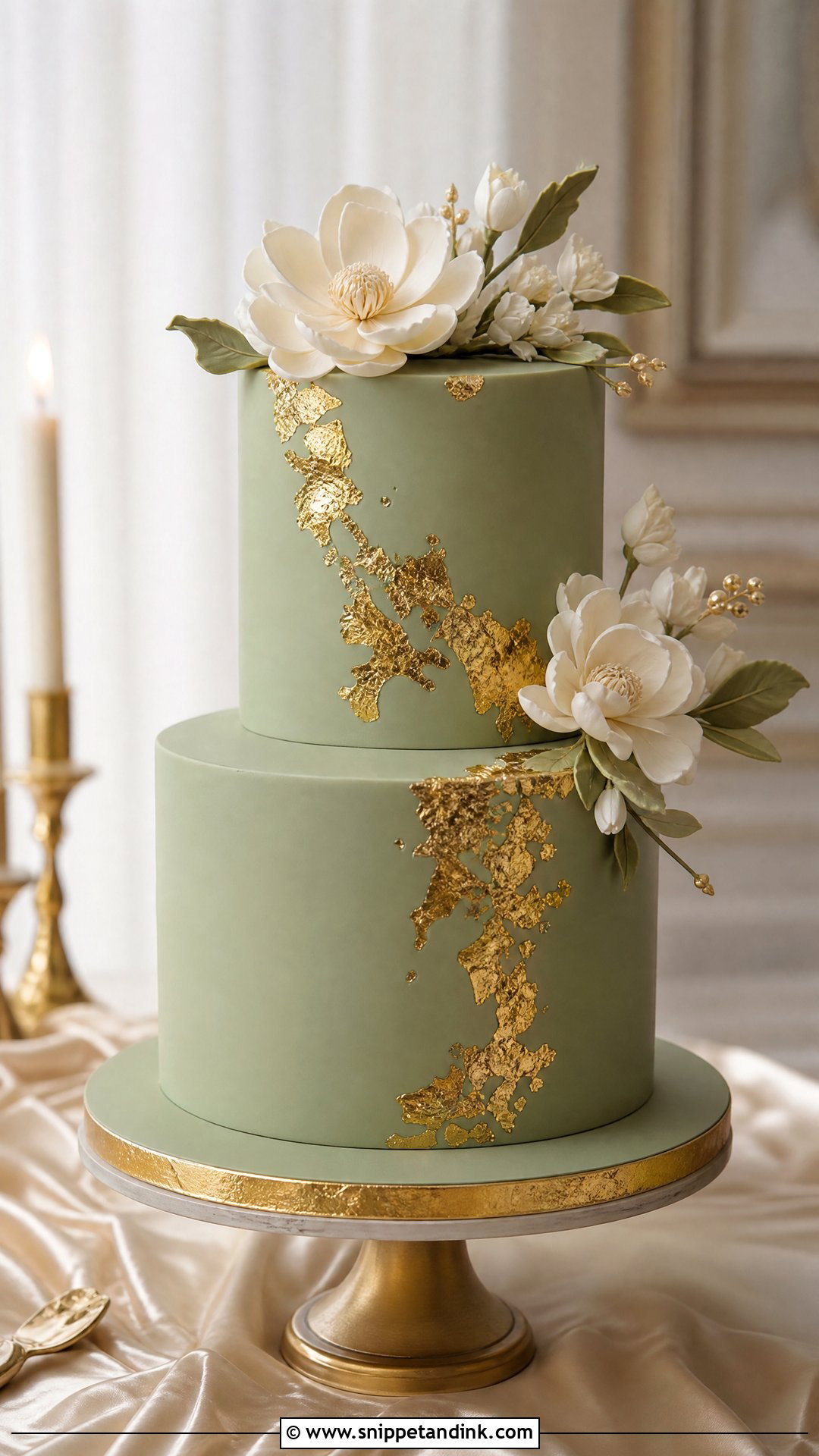 Sage Green Wedding Cake With Gold Leaf - Snippet and Ink - 20 Sage Green Wedding Cake Ideas