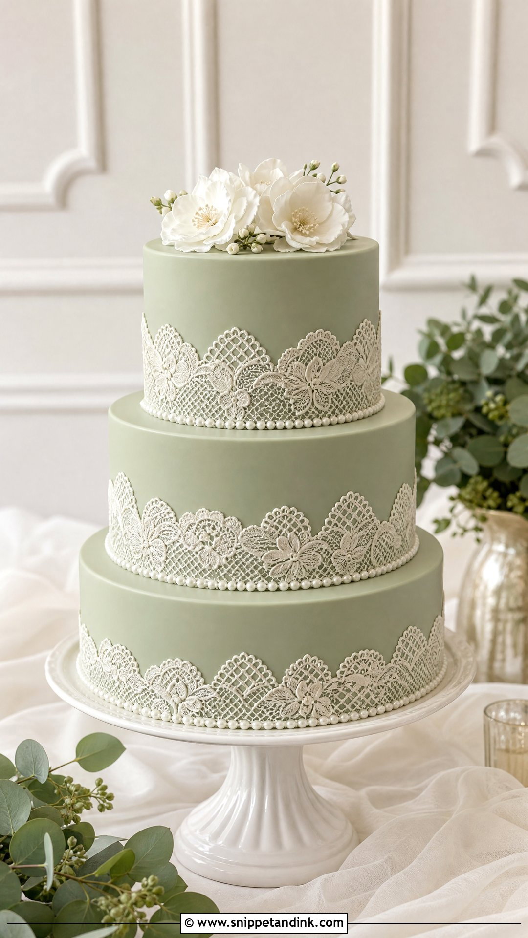 Sage Green Wedding Cake With Lace Detail - Snippet and Ink - 20 Sage Green Wedding Cake Ideas