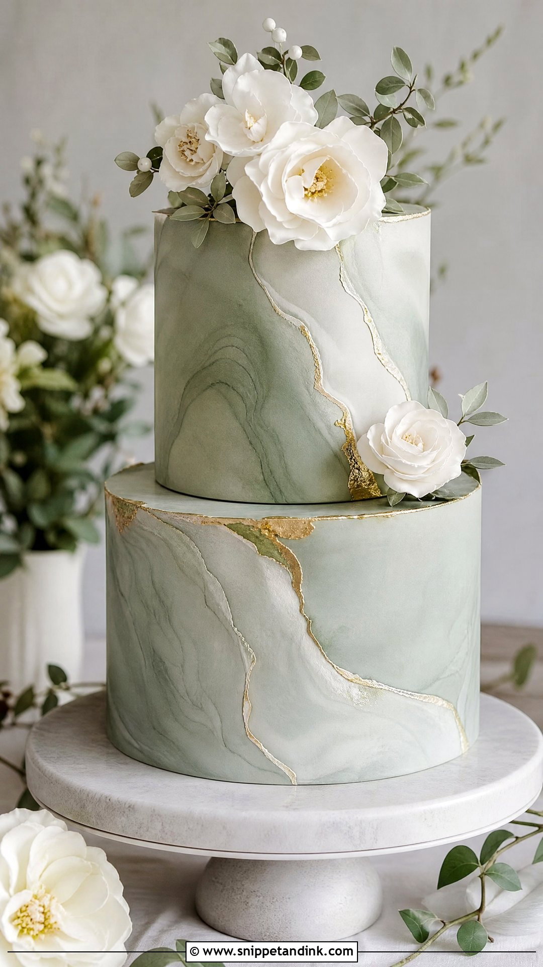 Sage Green Wedding Cake With Marble Finish - Snippet and Ink - 20 Sage Green Wedding Cake Ideas