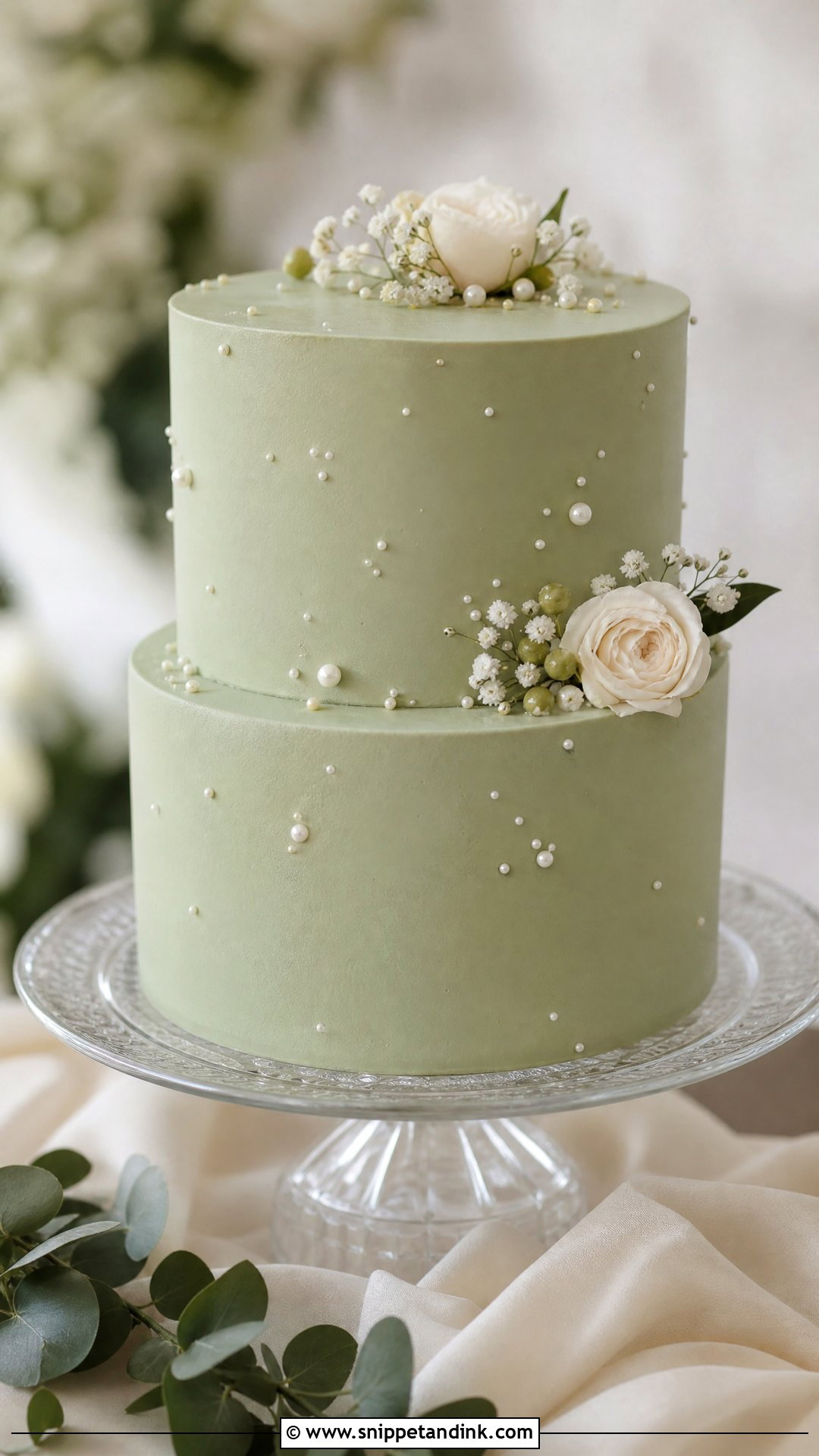 Sage Green Wedding Cake With Pearl Details - Snippet and Ink - 20 Sage Green Wedding Cake Ideas