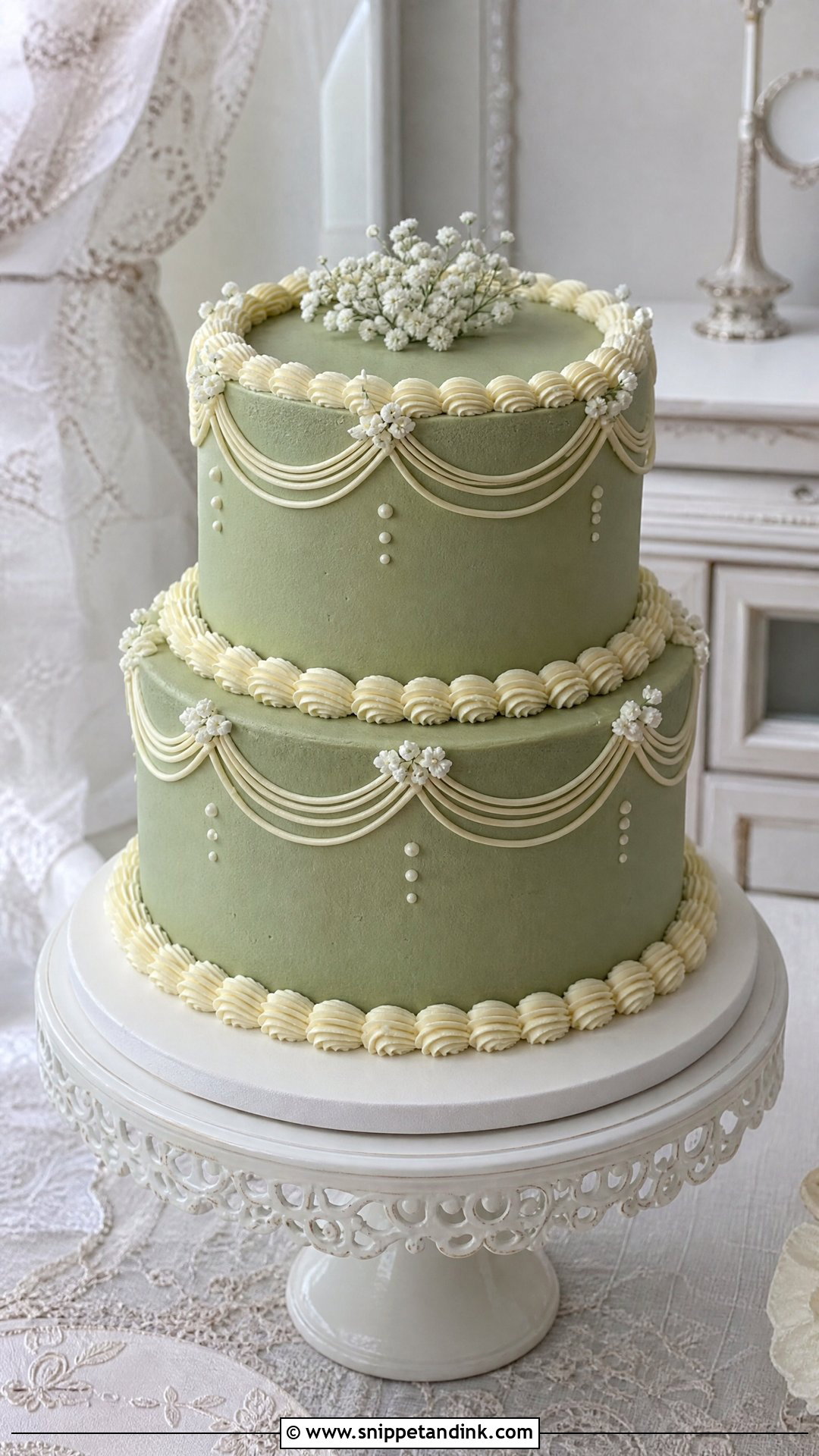 Sage Green Wedding Cake With Piped Borders - Snippet and Ink - 20 Sage Green Wedding Cake Ideas